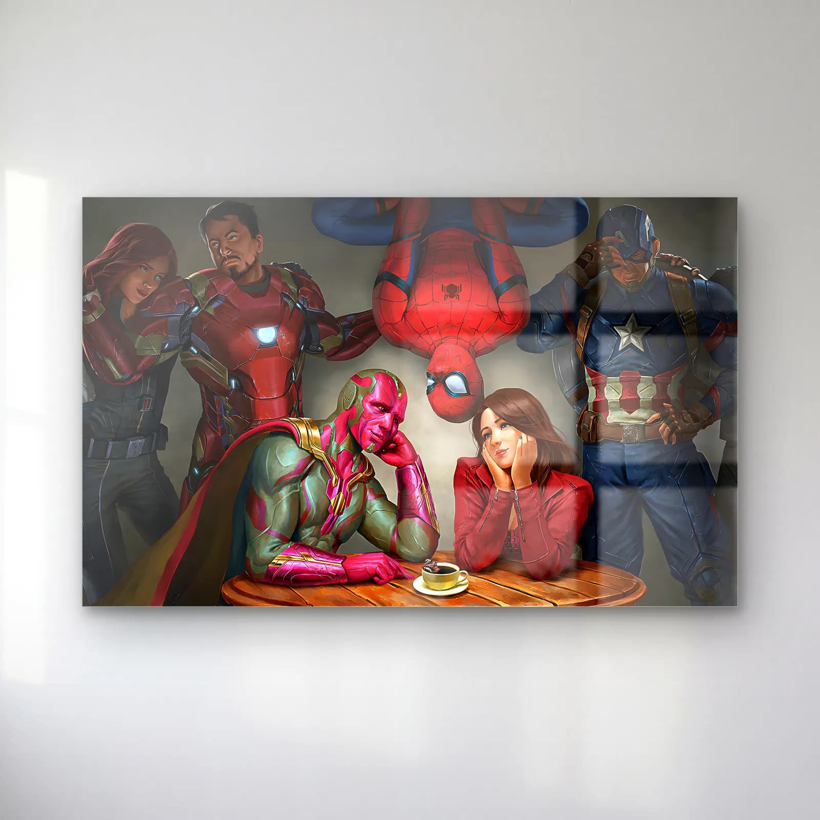 Vision ve Wanda Kafede cam tablo — Kafe masasında oturan Vision ve Wanda, arkada Iron Man, Kaptan Amerika, Örümcek Adam