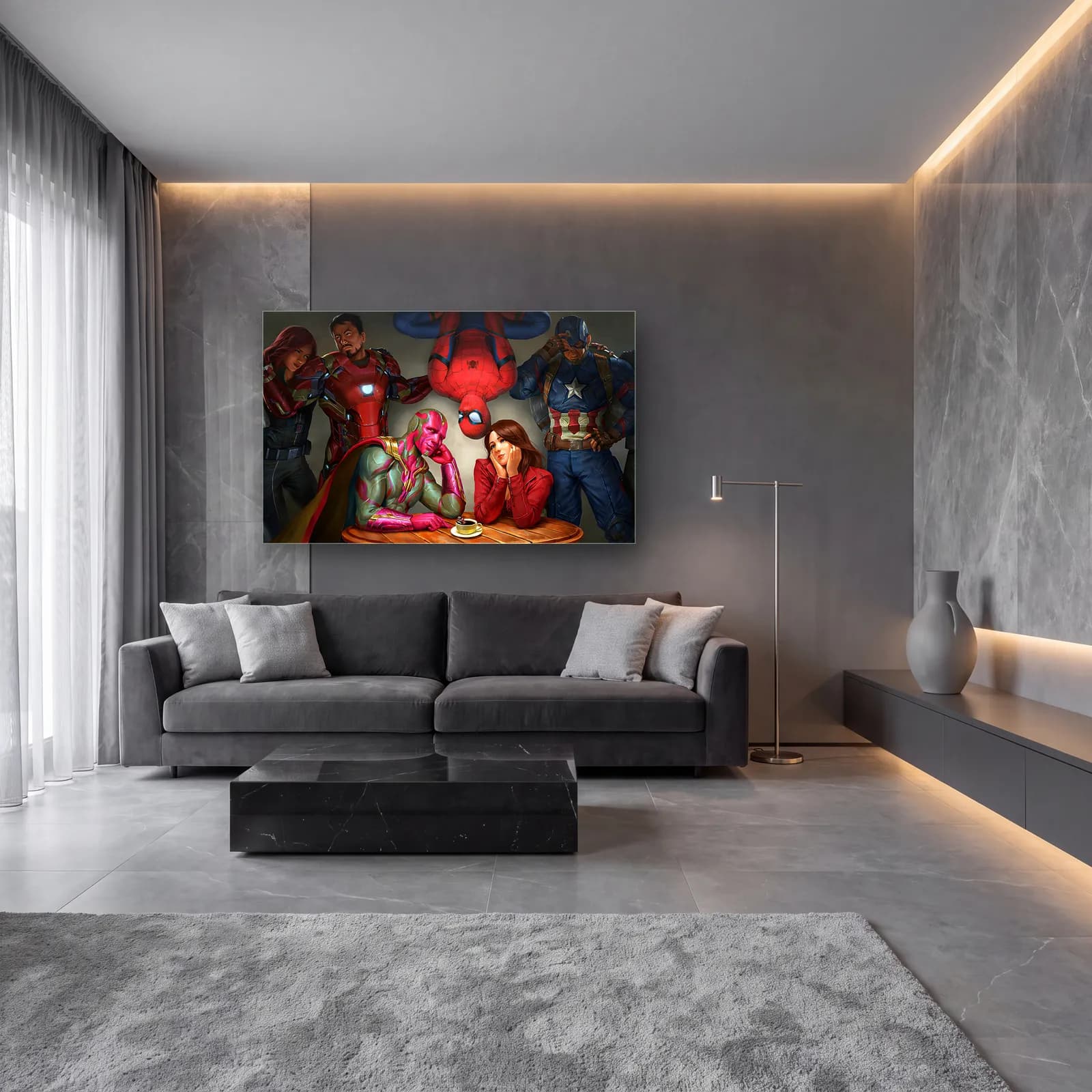 Vision ve Wanda Kafede cam tablo — lüks salon duvarında