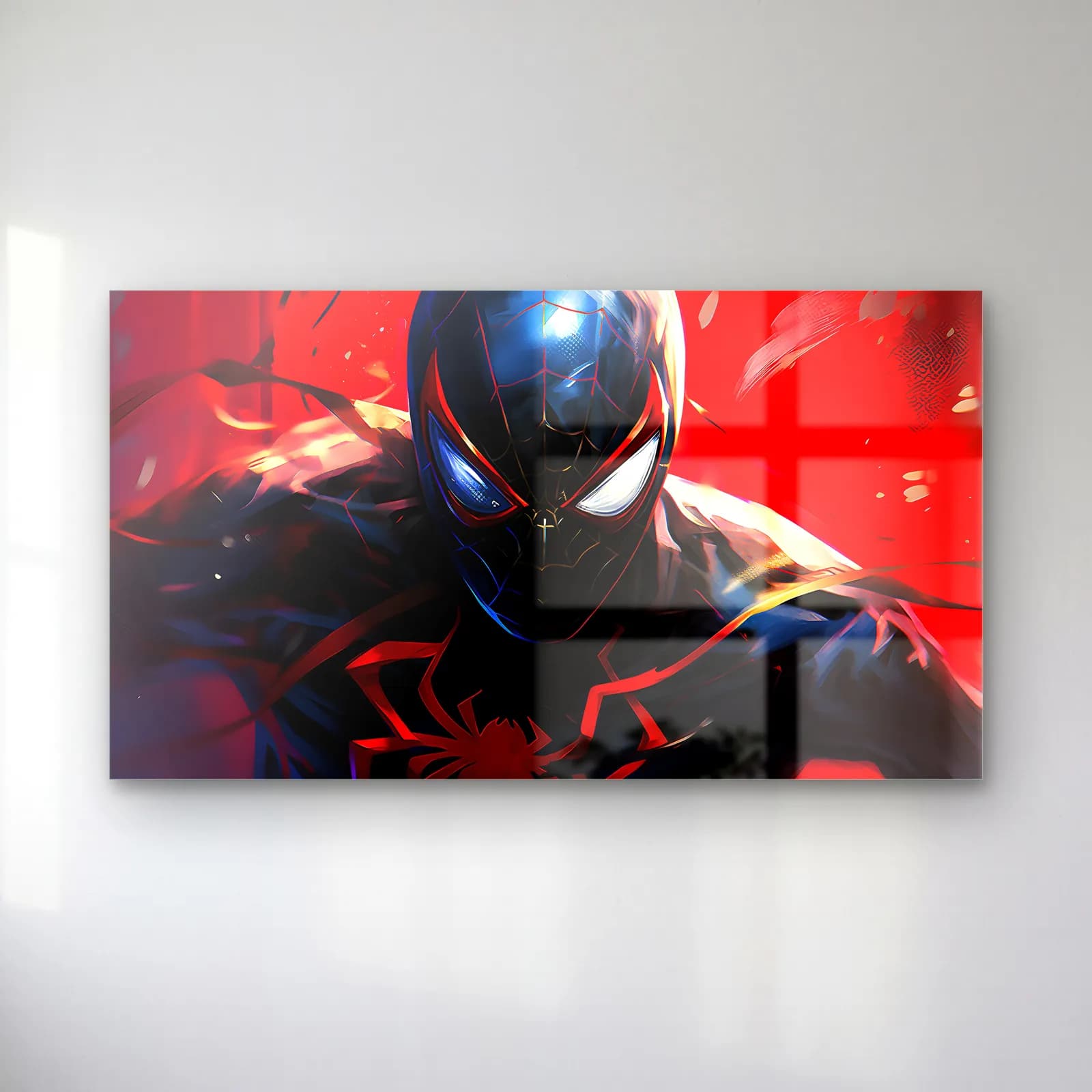 Miles Morales Spider-Man cam tablo — Siyah kostümlü Miles Morales Spider-Man, kırmızı ışık efektleri önünde