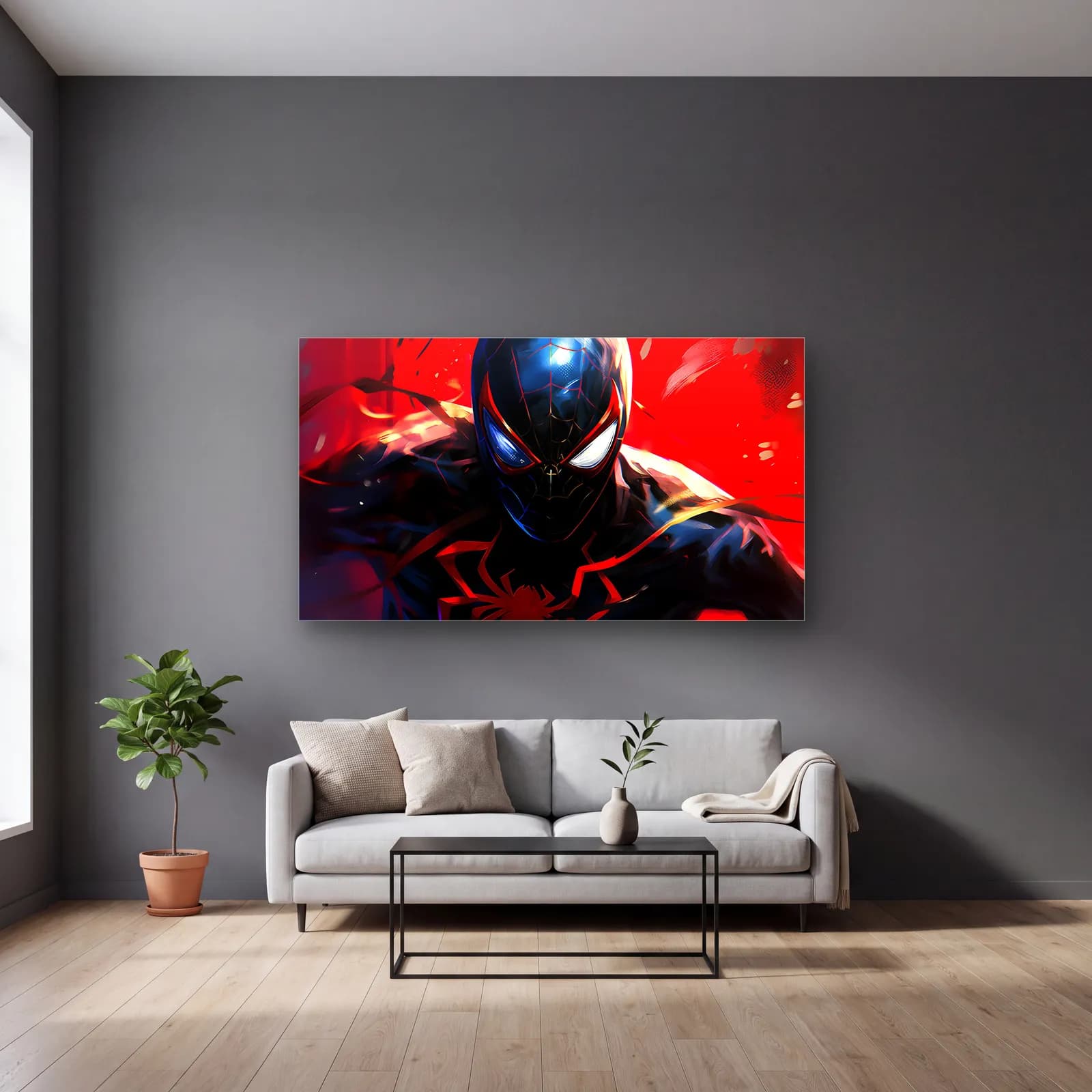 Miles Morales Spider-Man cam tablo — gri duvarlı salonda