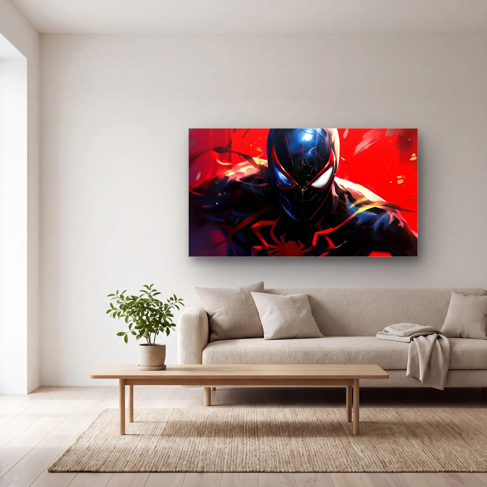 Miles Morales Spider-Man cam tablo — açık renk salonda