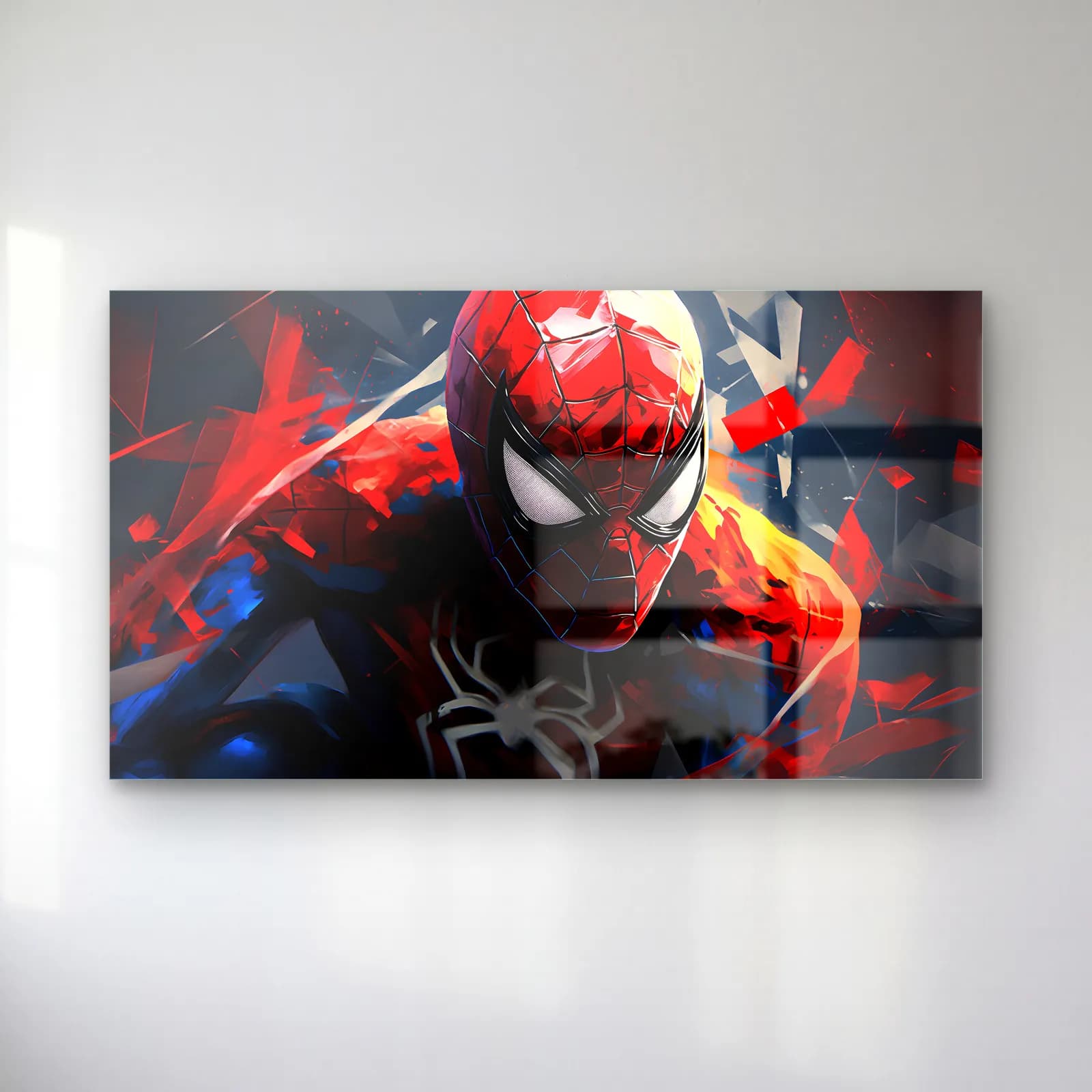 Spider-Man Kırmızı Portre cam tablo — Kırmızı maskeli Spider-Man yakın plan portresi, dağınık boya efektleri