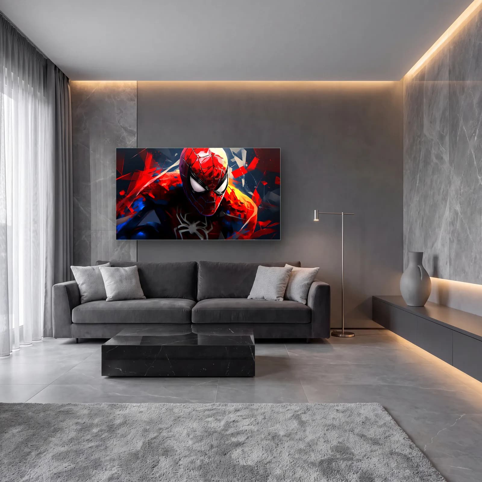 Spider-Man Kırmızı Portre cam tablo — lüks salon duvarında