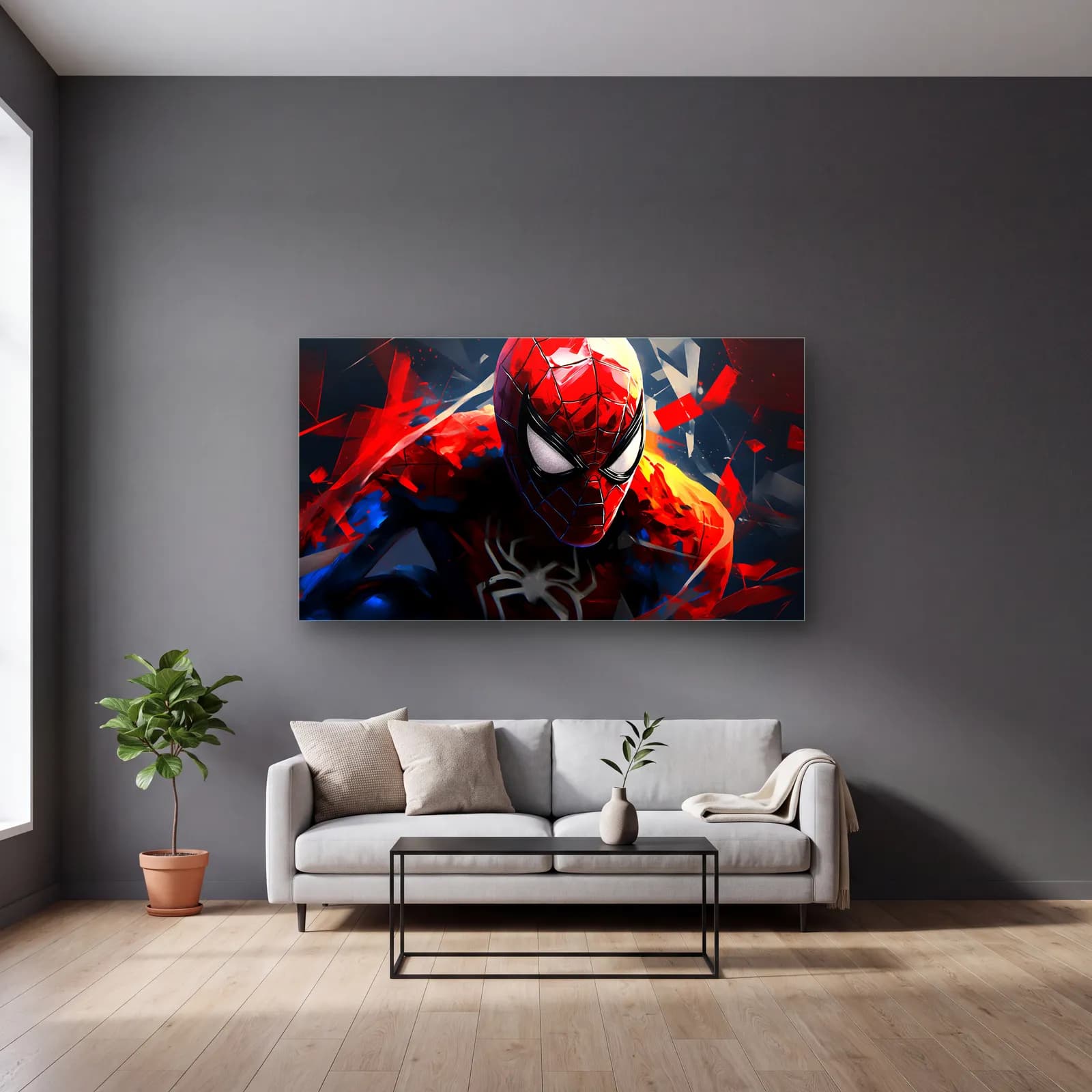 Spider-Man Kırmızı Portre cam tablo — gri duvarlı salonda
