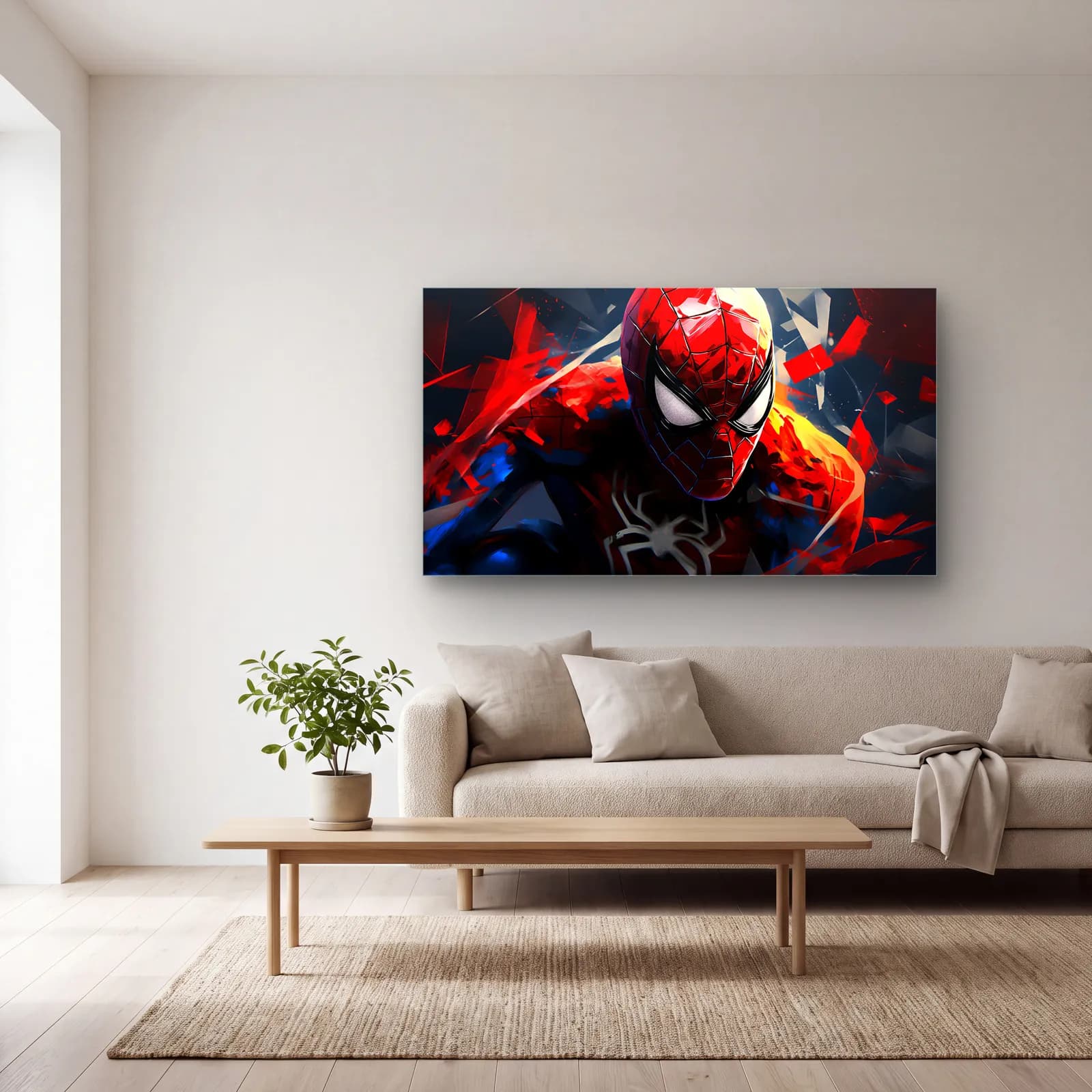 Spider-Man Kırmızı Portre cam tablo — açık renk salonda