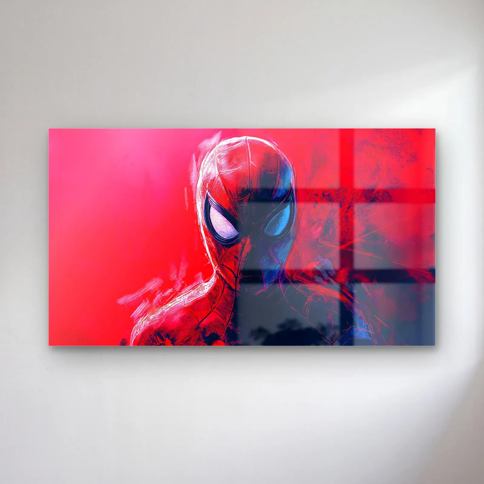 Spider-Man Pembe Arka Plan cam tablo — Pembe kırmızı sisli fonda Spider-Man maskesi yarım profil