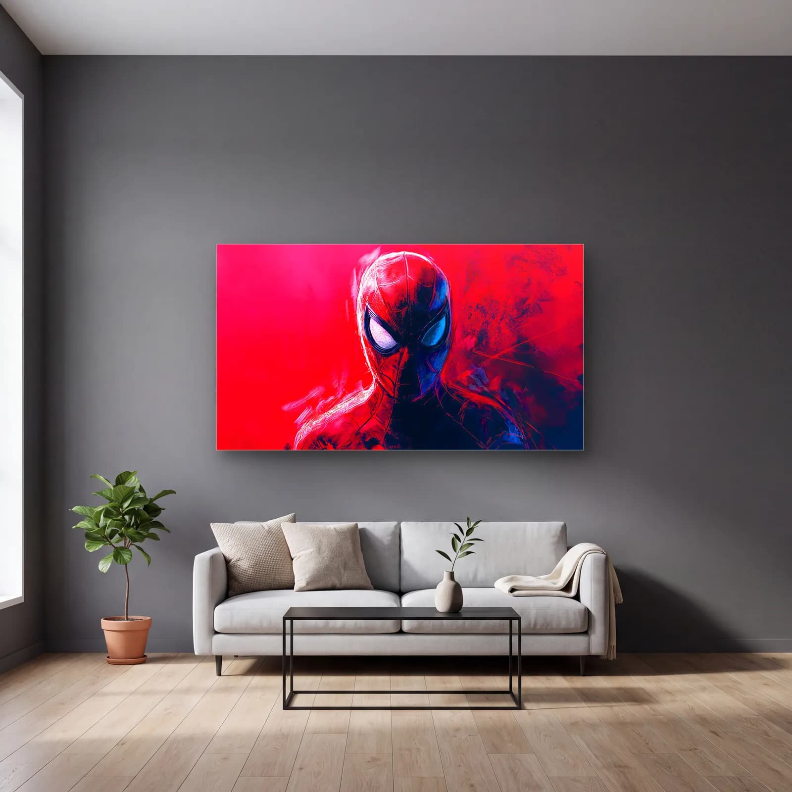 Spider-Man Pembe Arka Plan cam tablo — gri duvarlı salonda