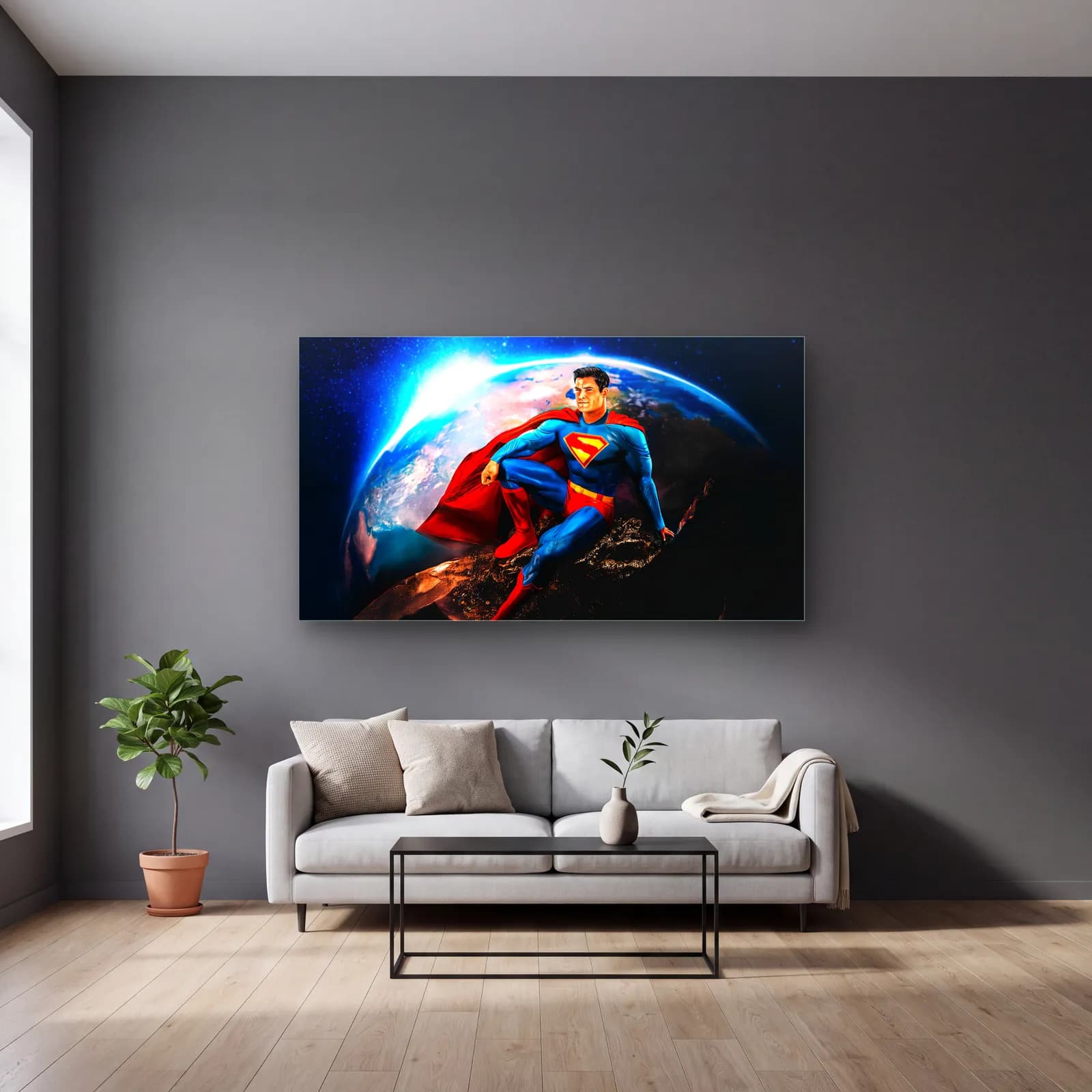Superman Dünya Üzerinde cam tablo — gri duvarlı salonda