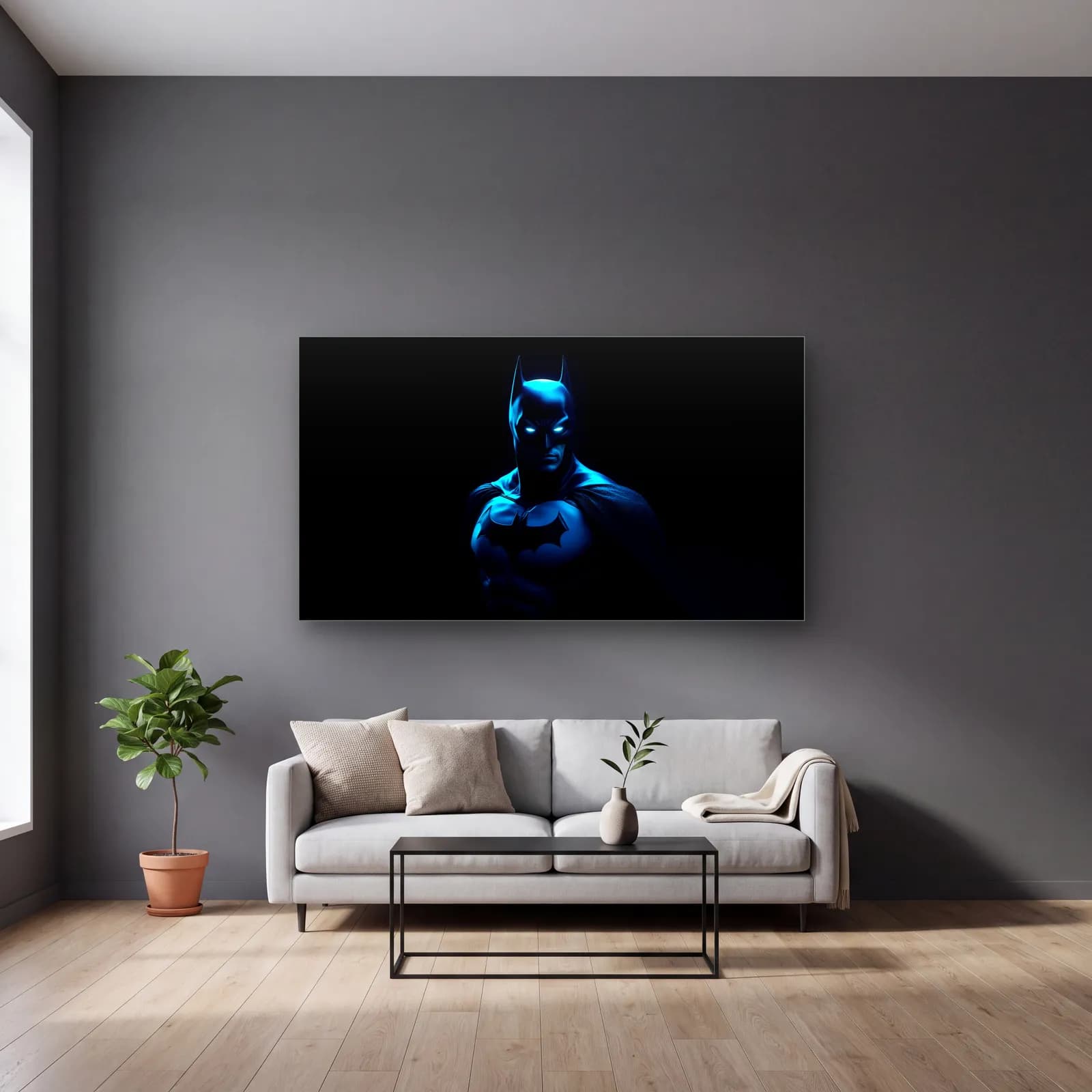 Karanlıkta Batman cam tablo — gri duvarlı salonda