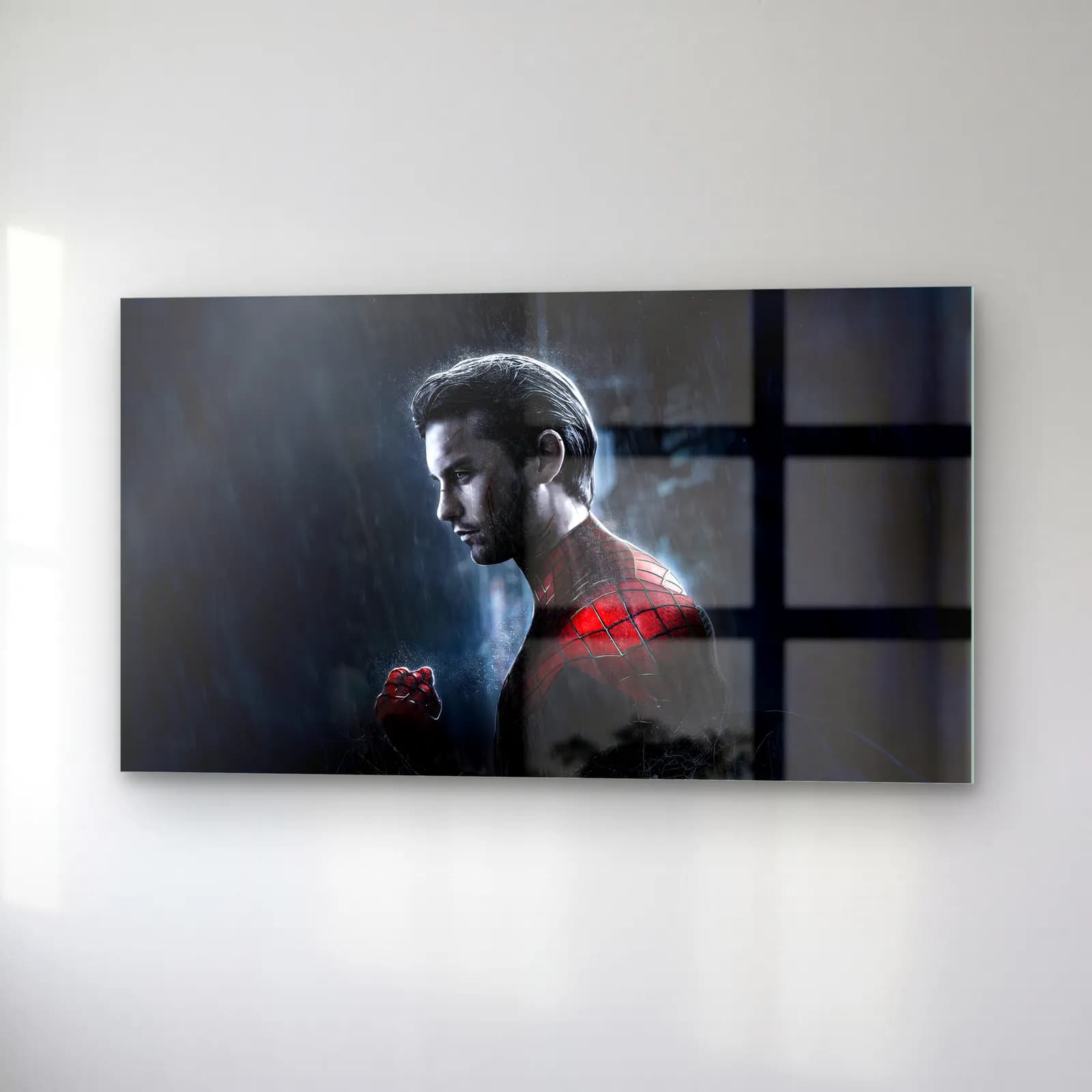 Peter Parker Yağmurda cam tablo — sağ açıdan görünüm