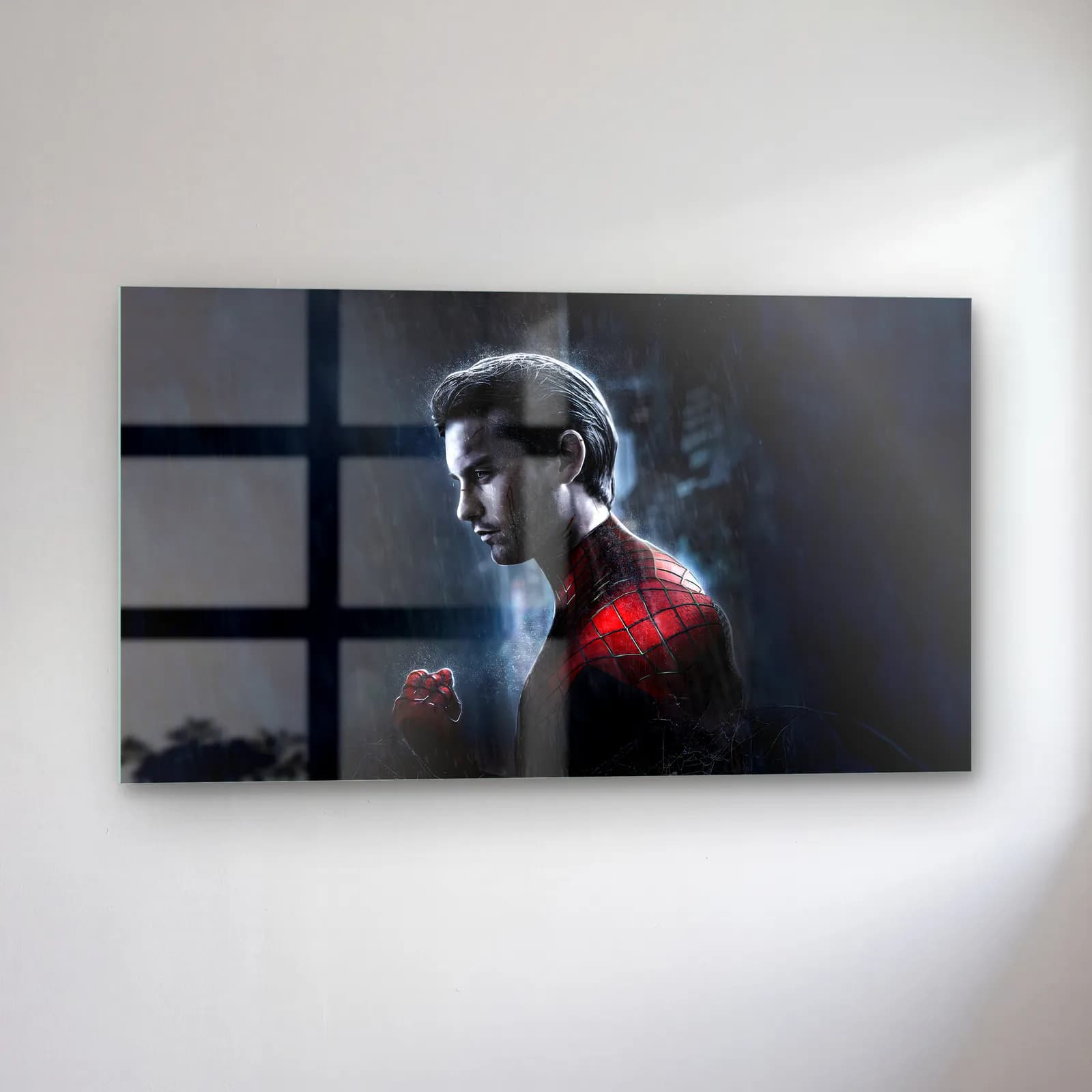 Peter Parker Yağmurda cam tablo — sol açıdan görünüm