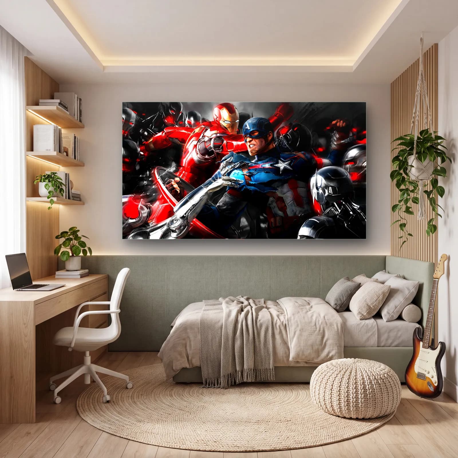 Captain America ve Iron Man cam tablo — genç odasında