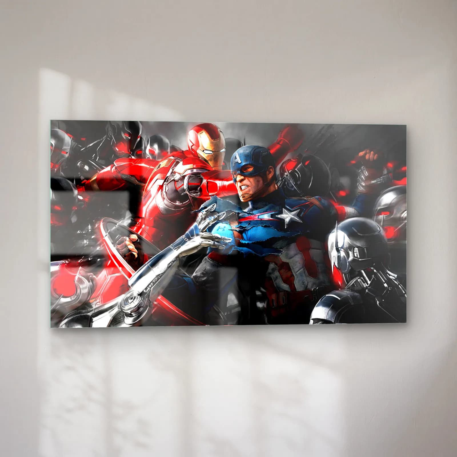 Captain America ve Iron Man cam tablo — sol açıdan görünüm