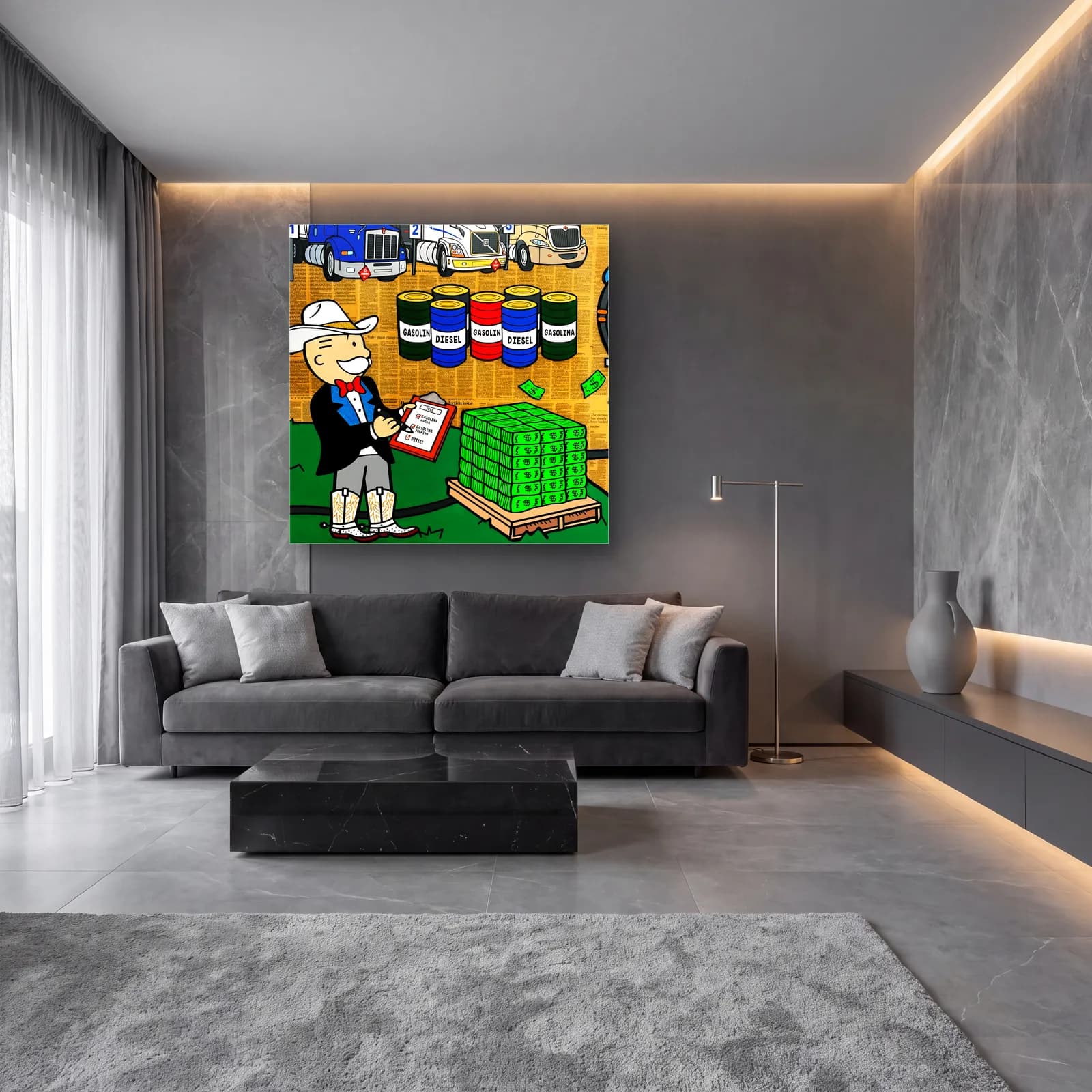 Kovboy Monopoly Adamı Yakıt cam tablo — lüks salon duvarında