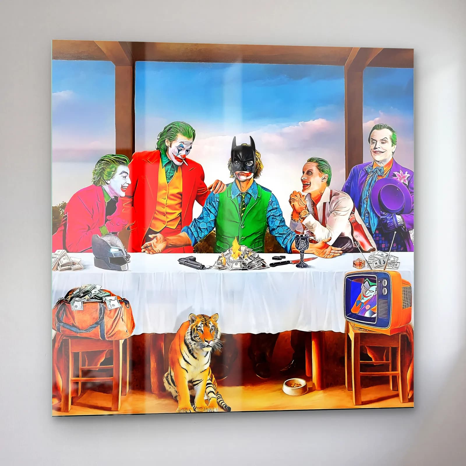 Joker ve Batman Son Akşam Yemeği cam tablo — sol açıdan görünüm