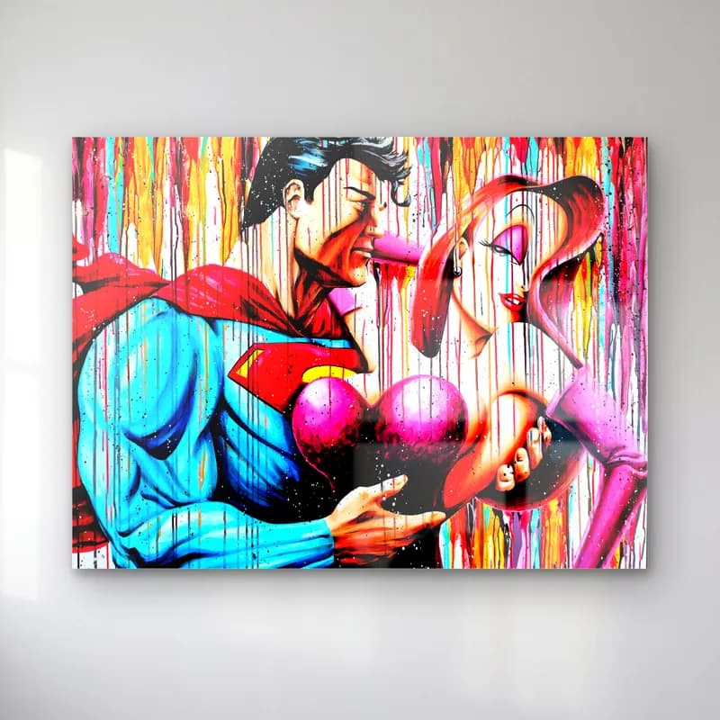 Superman ve Jessica Rabbit cam tablo — Superman Jessica Rabbit'i öperken, renkli akan boya efektleri