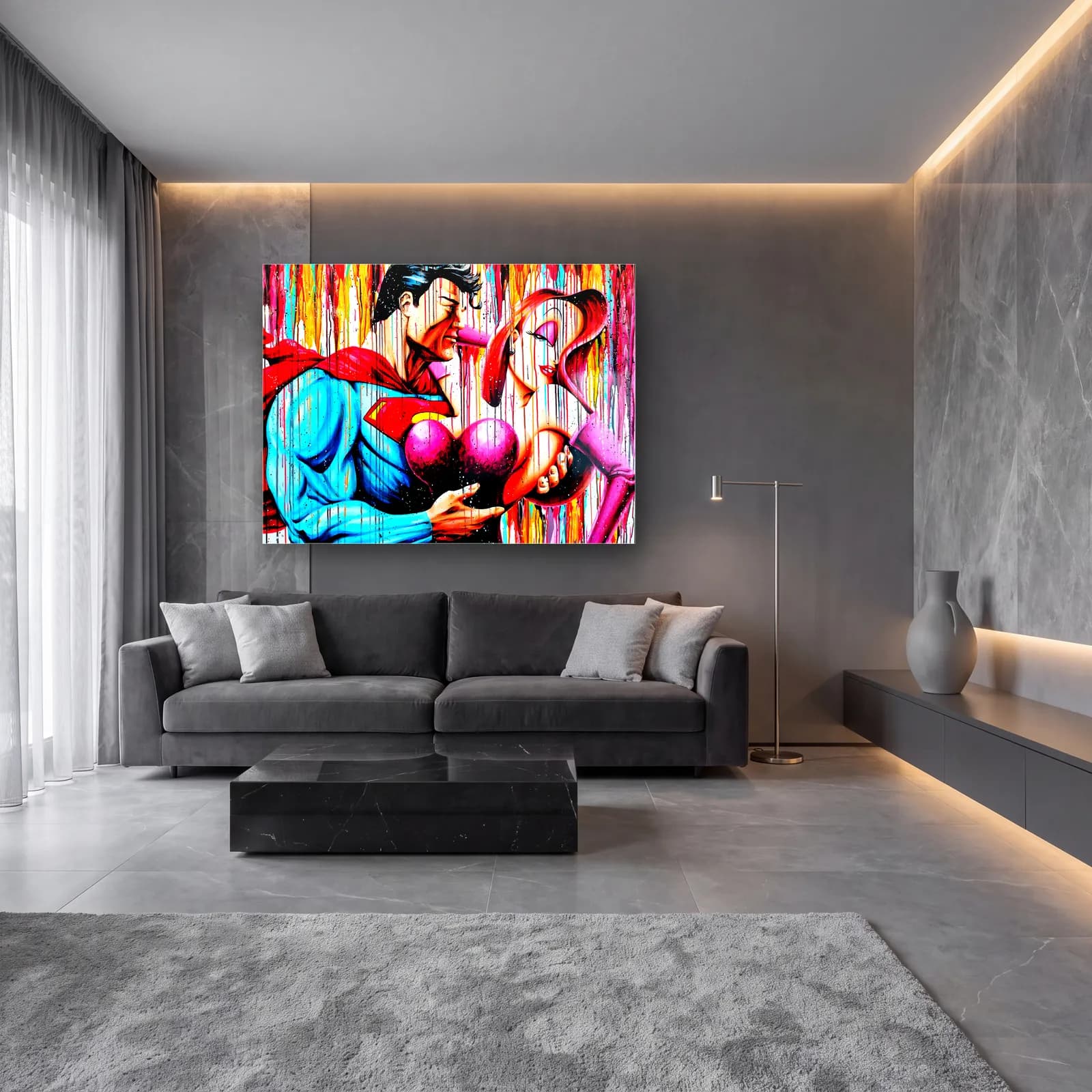 Superman ve Jessica Rabbit cam tablo — lüks salon duvarında
