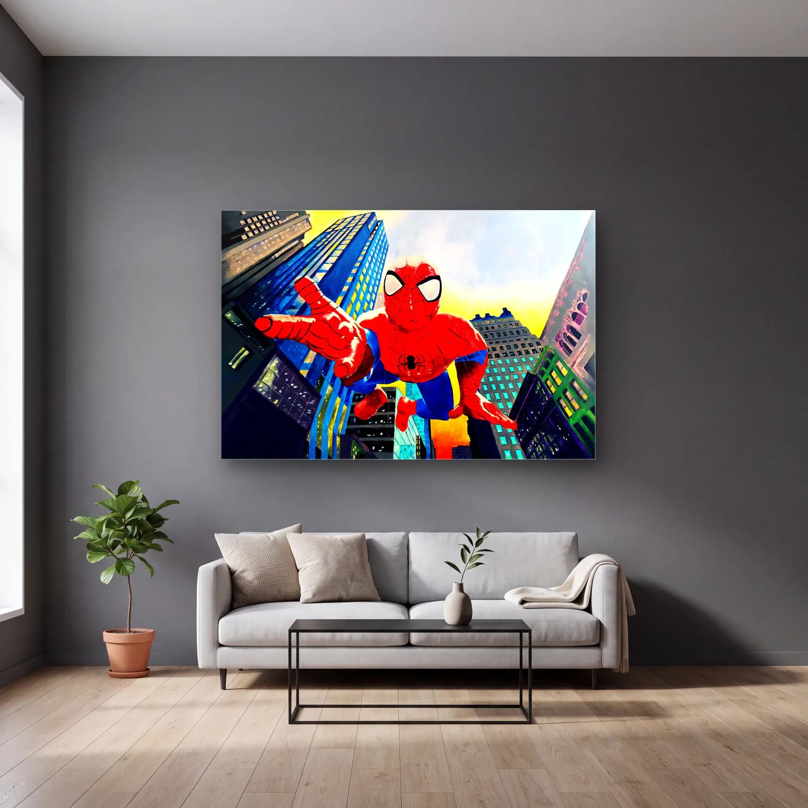 Çizgi Spider-Man Şehirde cam tablo — gri duvarlı salonda