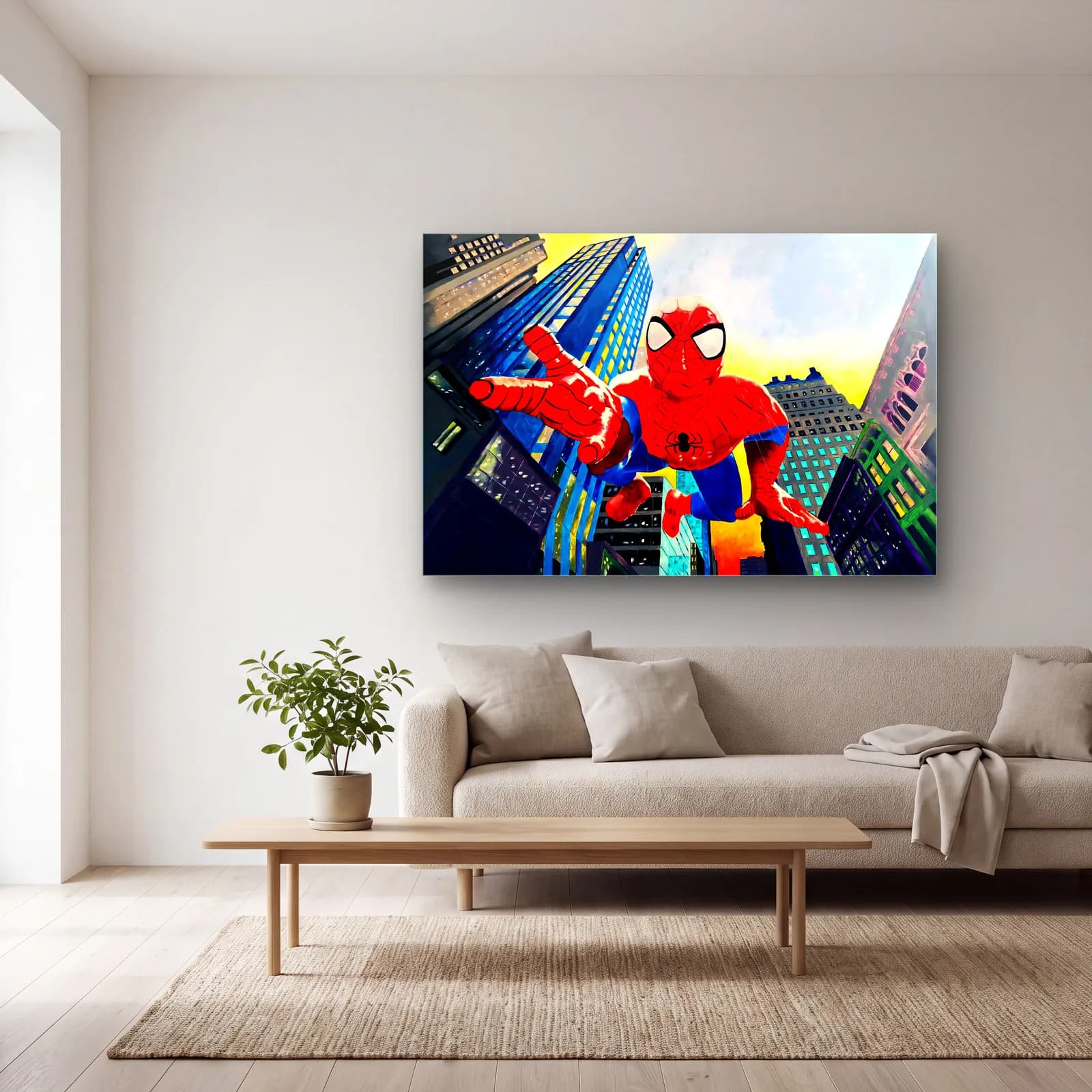 Çizgi Spider-Man Şehirde cam tablo — açık renk salonda