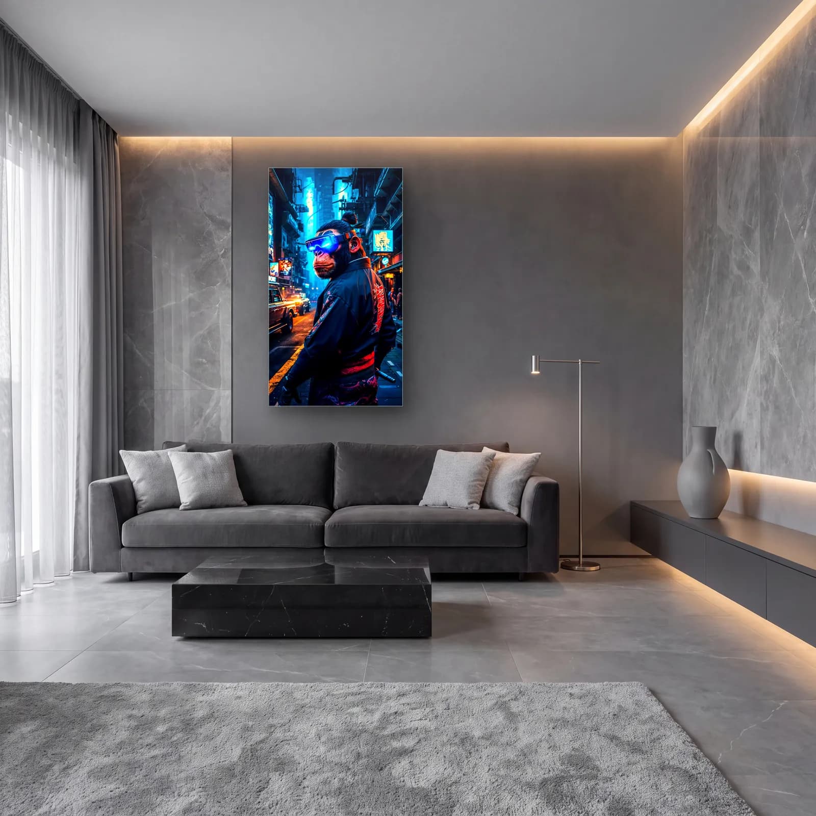 VR Gözlüklü Maymun Neon Şehir cam tablo — lüks salon duvarında