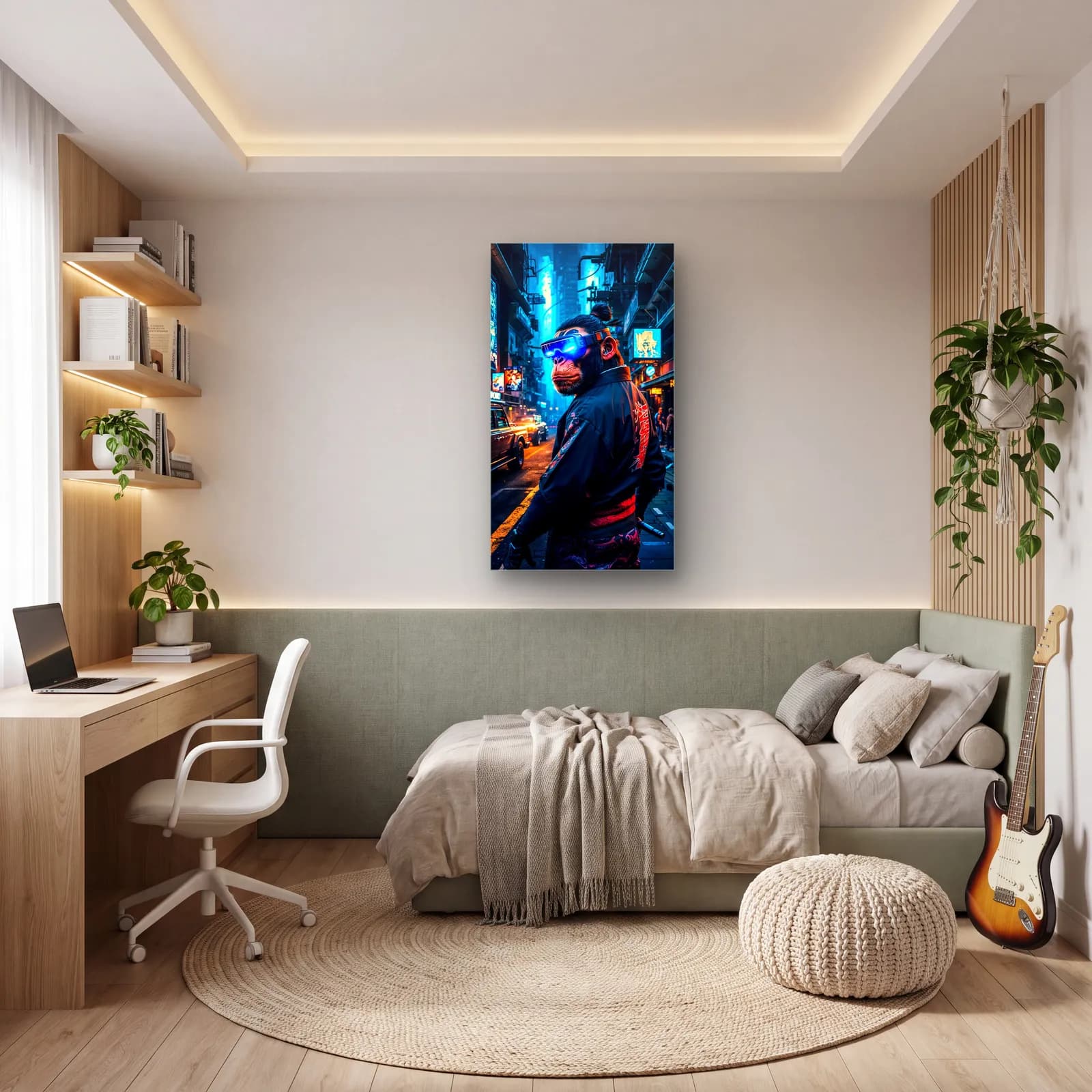 VR Gözlüklü Maymun Neon Şehir cam tablo — genç odasında