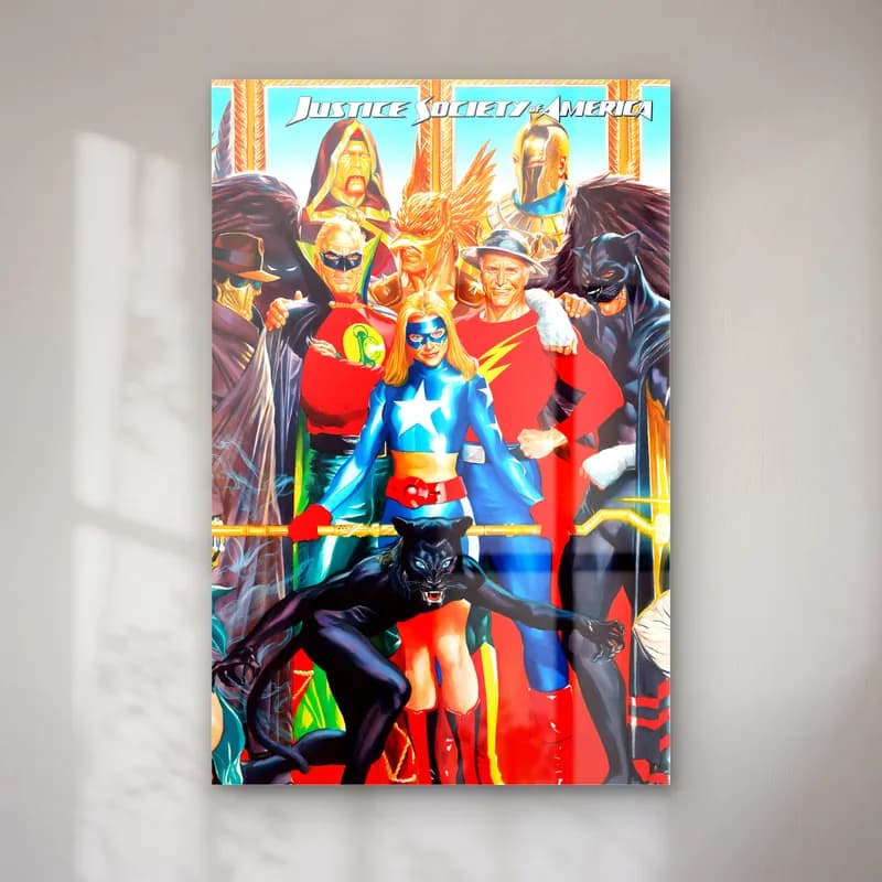 Justice Society Of America cam tablo — Justice Society of America kahramanları grup halinde, renkli kostümler