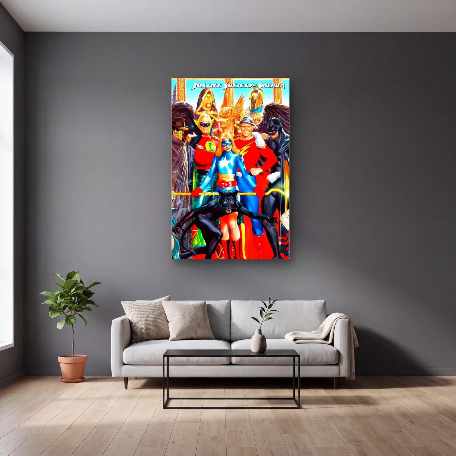 Justice Society Of America cam tablo — gri duvarlı salonda