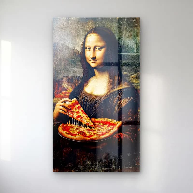 Pizzalı Mona Lisa cam tablo — Mona Lisa elinde peynirleri uzayan pizza dilimi tutuyor