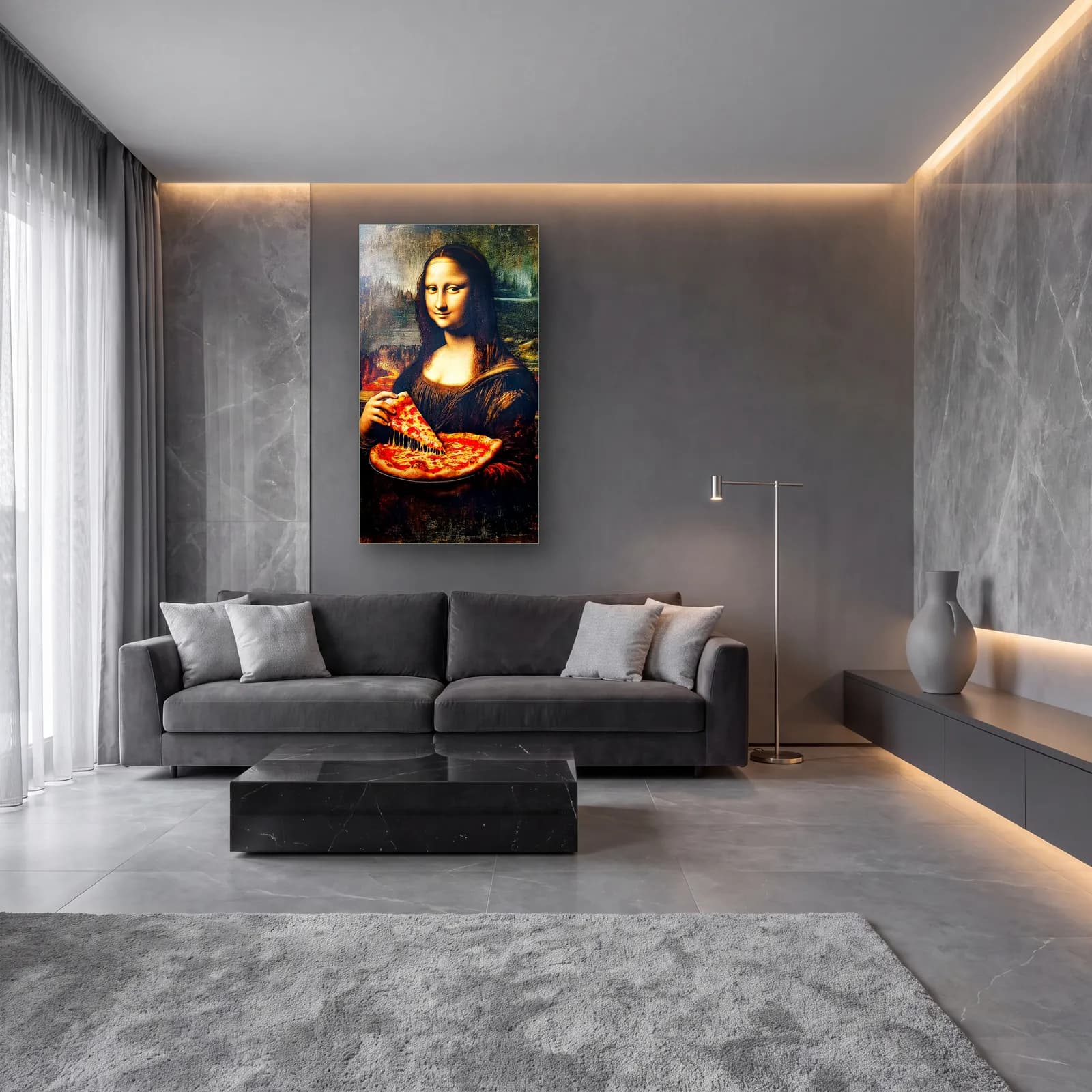 Pizzalı Mona Lisa cam tablo — lüks salon duvarında