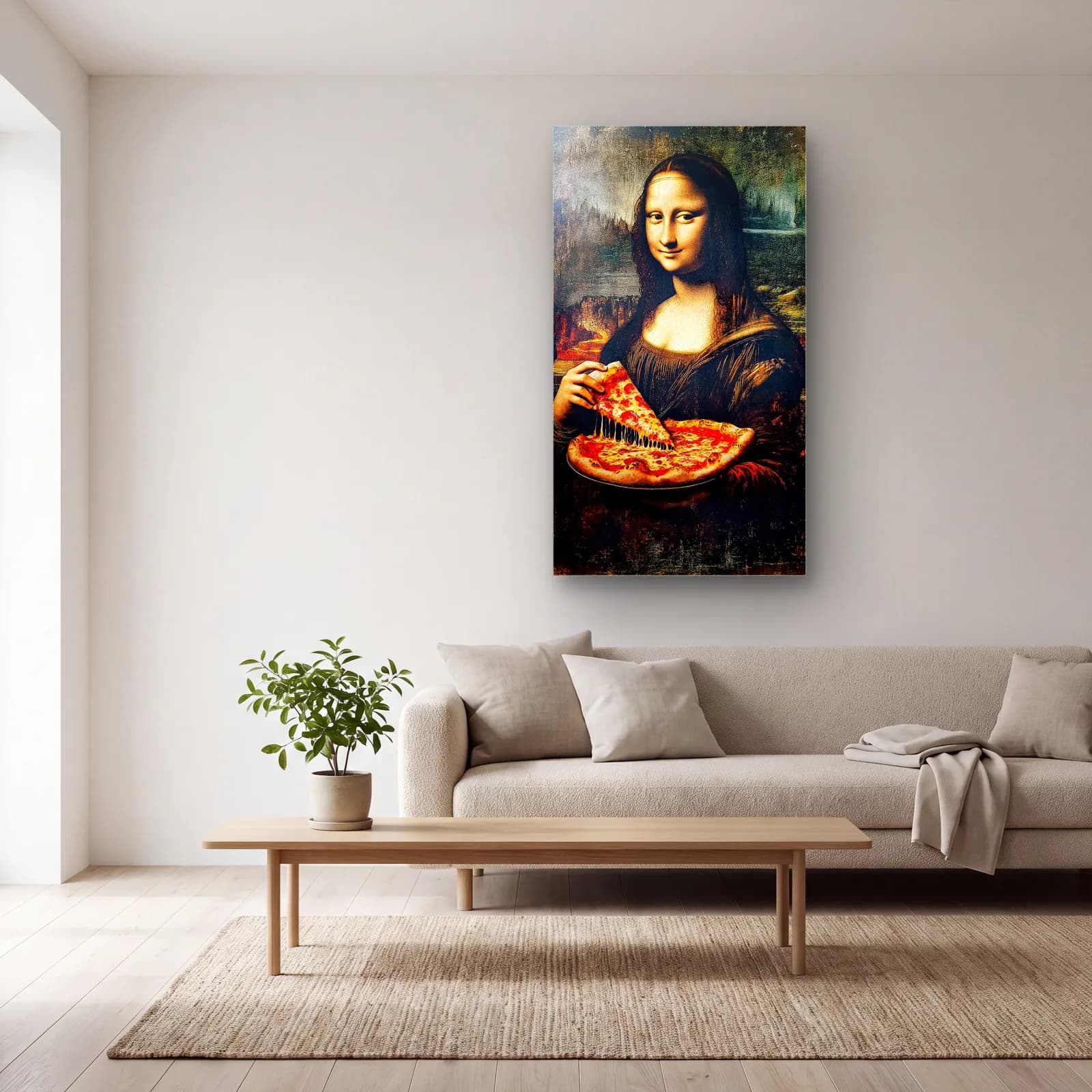 Pizzalı Mona Lisa cam tablo — açık renk salonda
