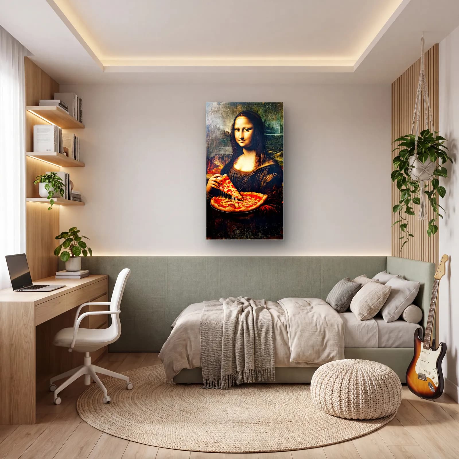 Pizzalı Mona Lisa cam tablo — genç odasında