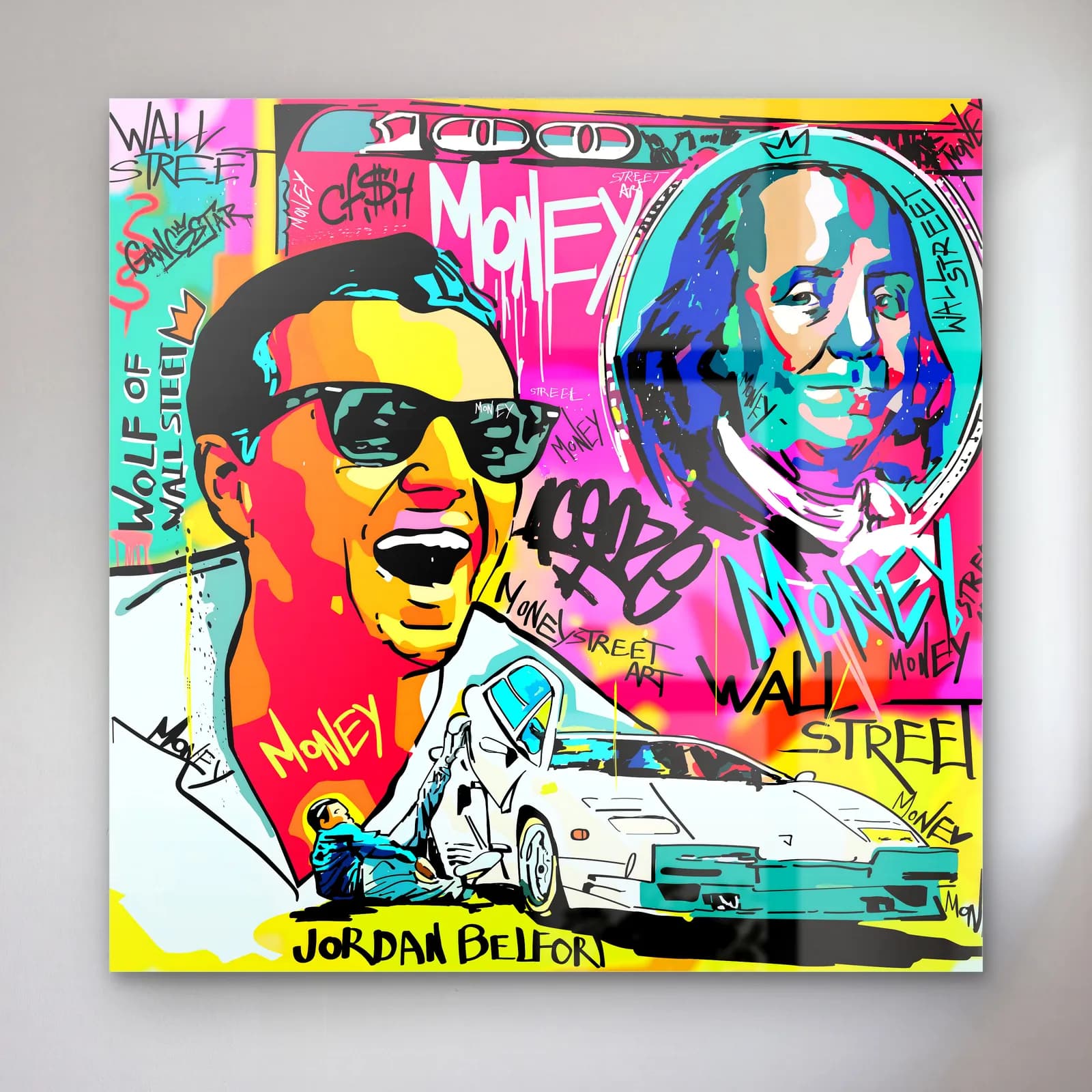 Jordan Belfort Wall Street Pop Art cam tablo — Gözlüklü Jordan Belfort, Benjamin Franklin portresi ve beyaz spor araba, grafiti yazılar