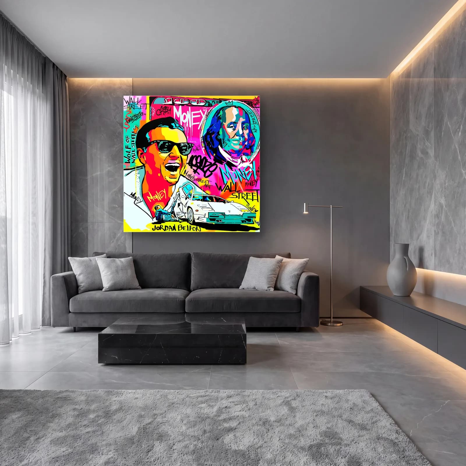Jordan Belfort Wall Street Pop Art cam tablo — lüks salon duvarında