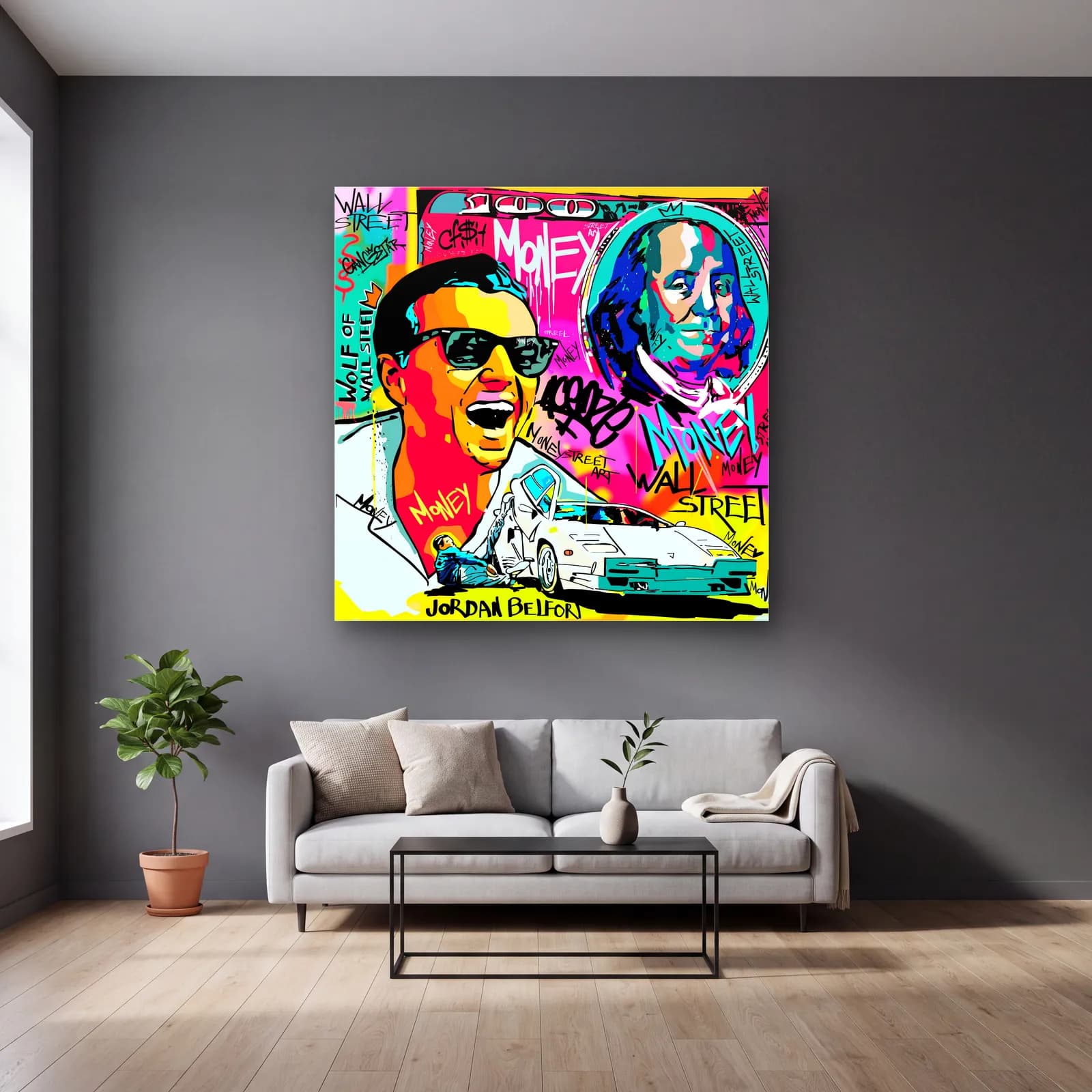 Jordan Belfort Wall Street Pop Art cam tablo — gri duvarlı salonda