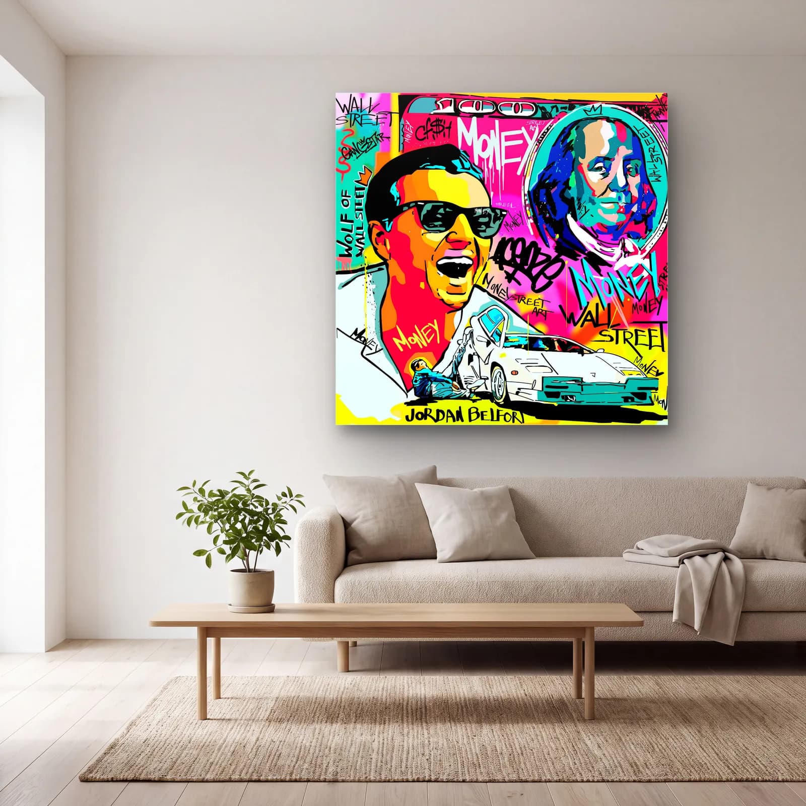 Jordan Belfort Wall Street Pop Art cam tablo — açık renk salonda