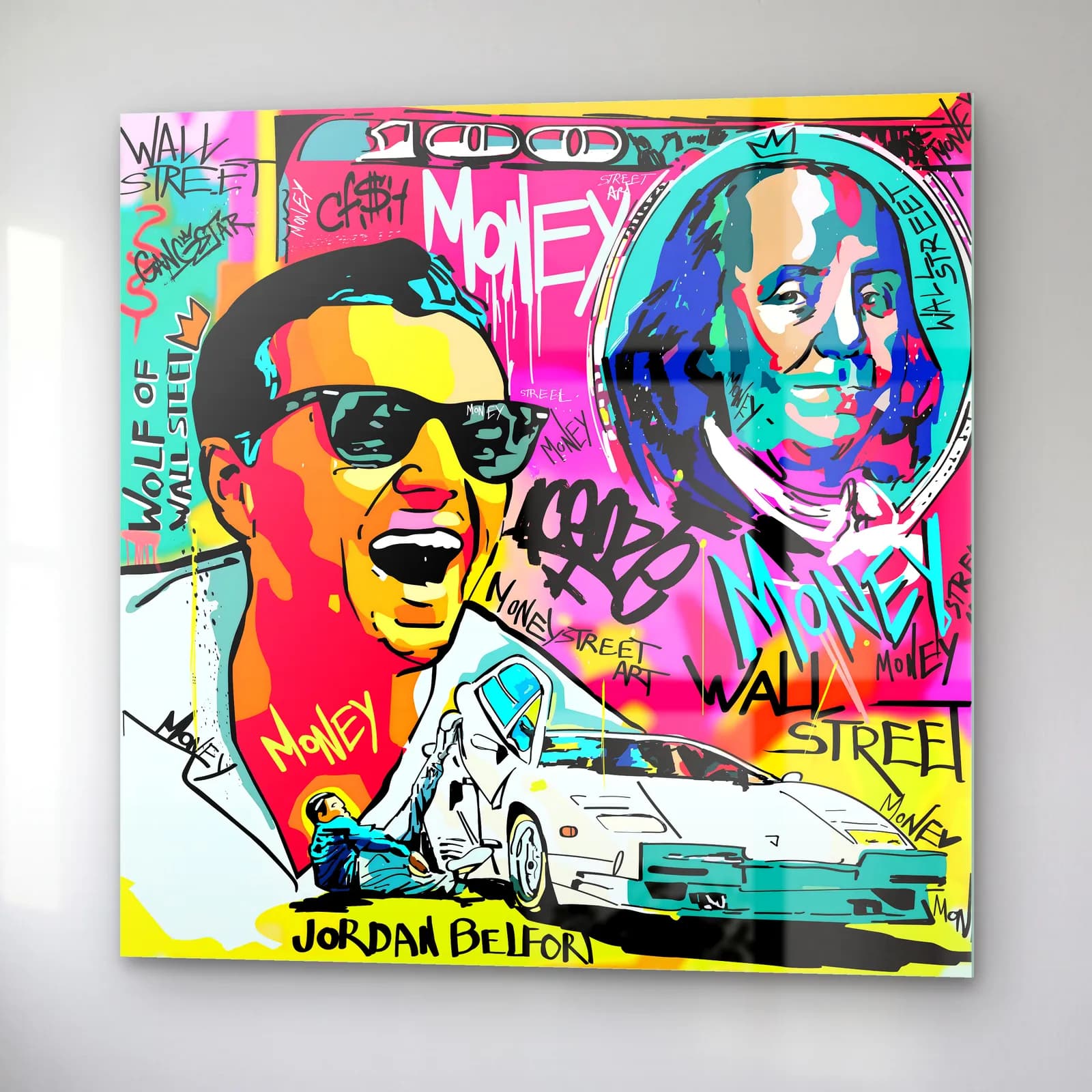 Jordan Belfort Wall Street Pop Art cam tablo — sağ açıdan görünüm