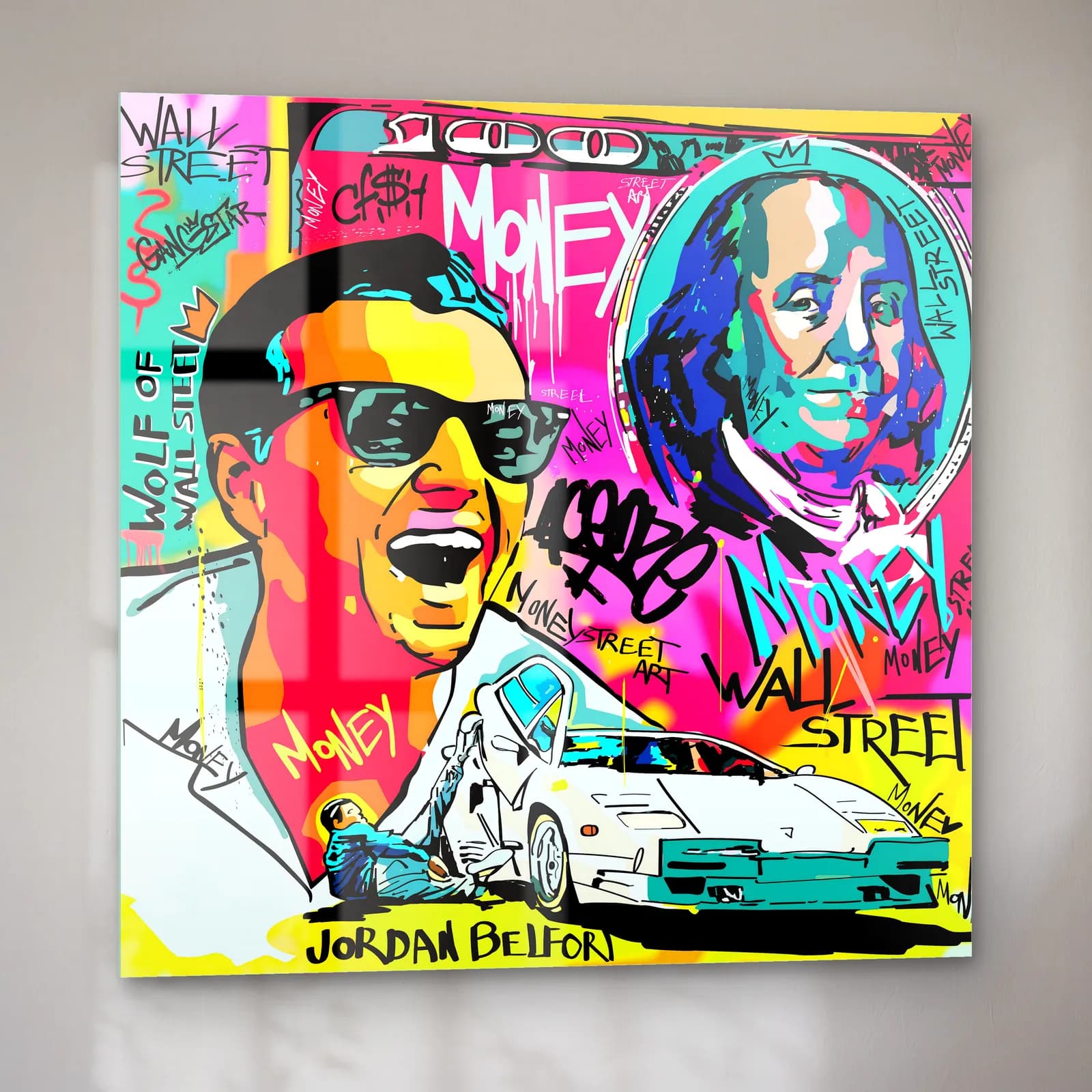 Jordan Belfort Wall Street Pop Art cam tablo — sol açıdan görünüm