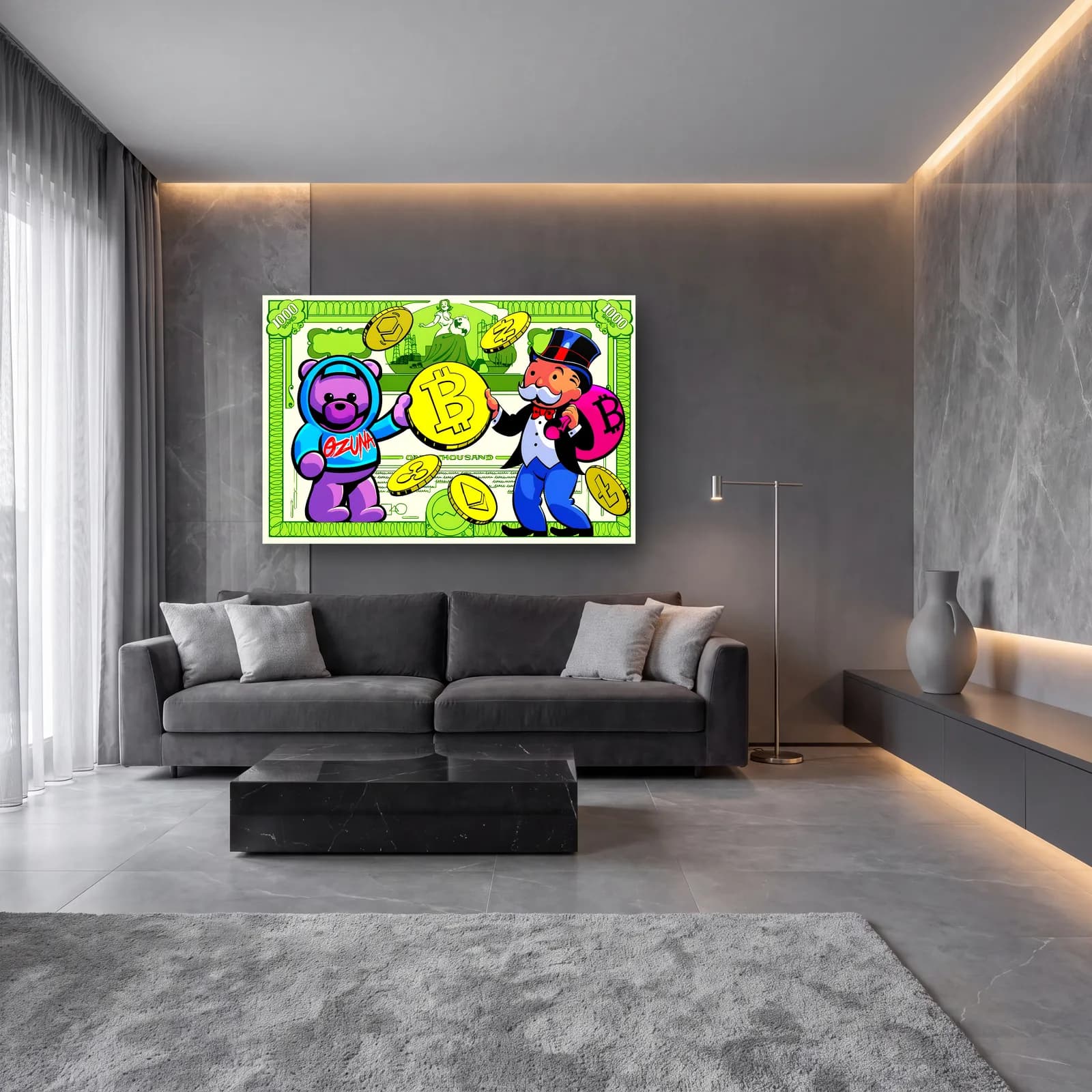 Monopoly Adamı ve Bitcoin cam tablo — lüks salon duvarında