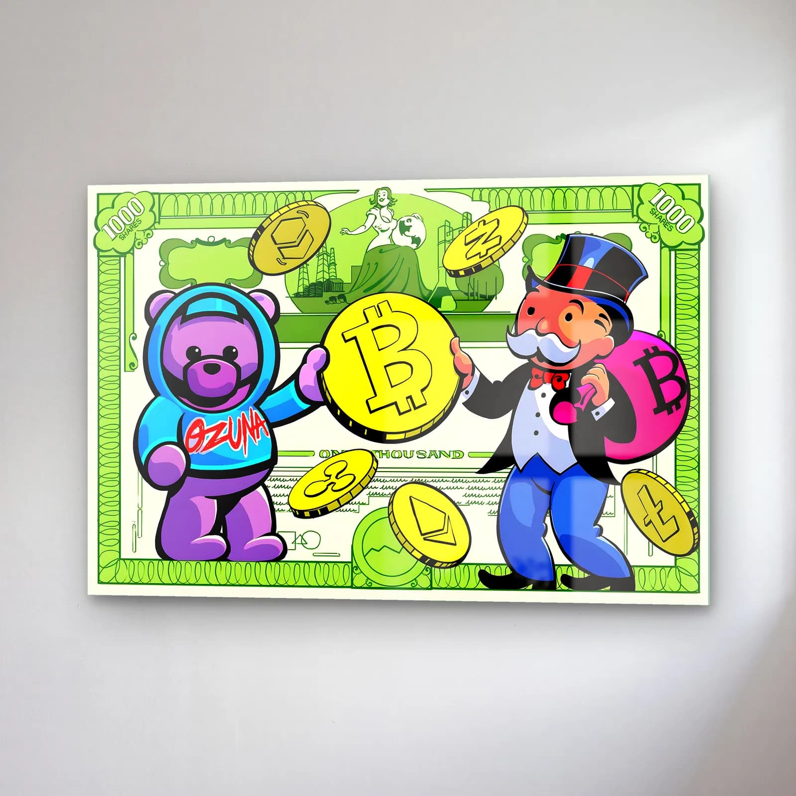 Monopoly Adamı ve Bitcoin cam tablo — sağ açıdan görünüm