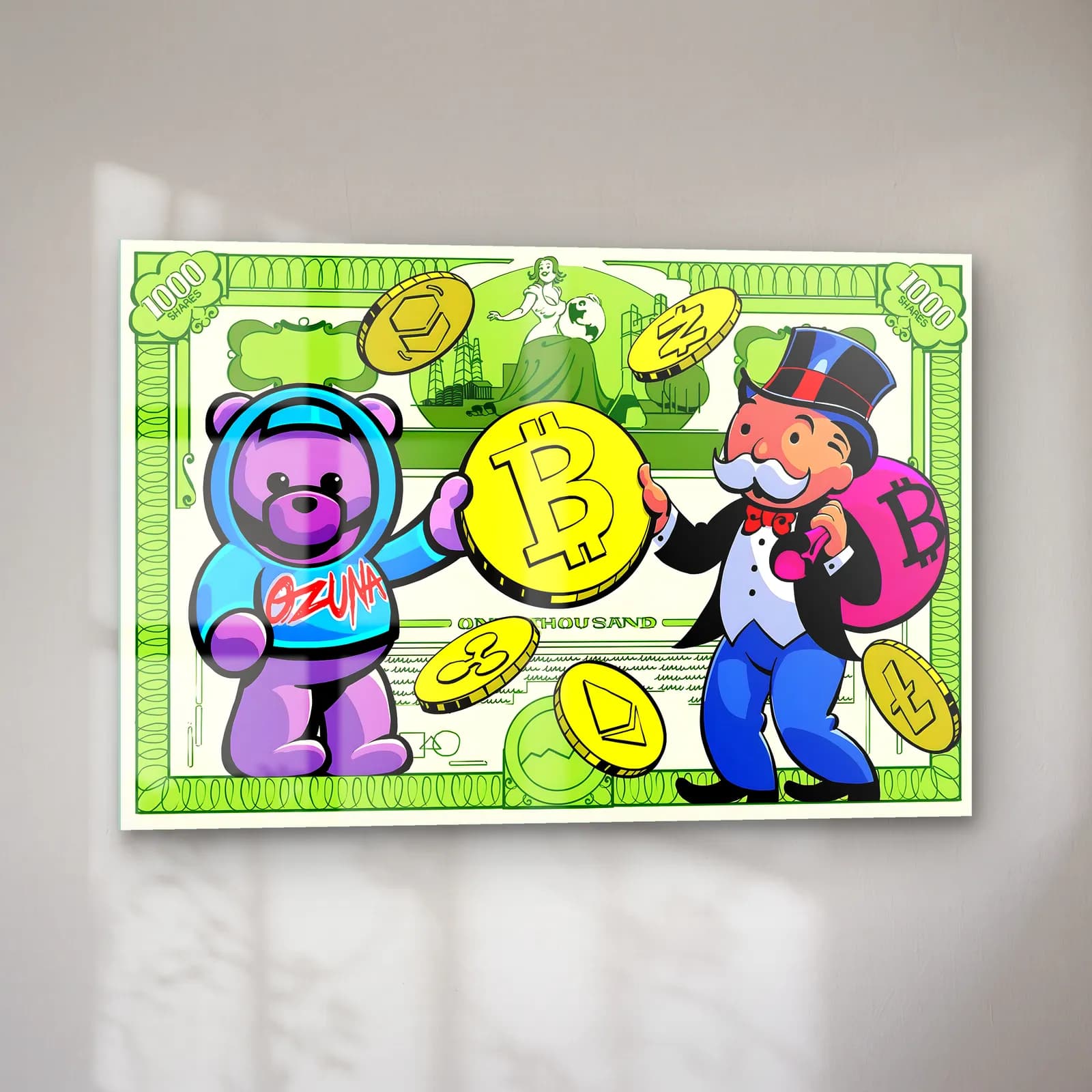 Monopoly Adamı ve Bitcoin cam tablo — sol açıdan görünüm