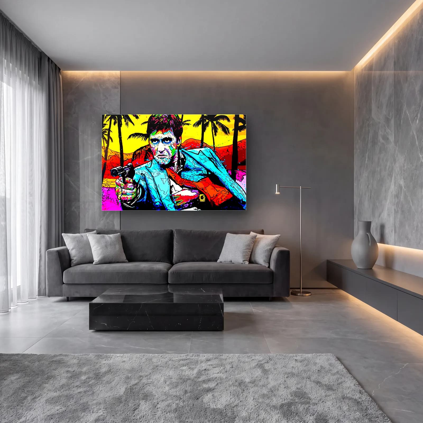 Scarface Tony Montana Pop Art cam tablo — lüks salon duvarında