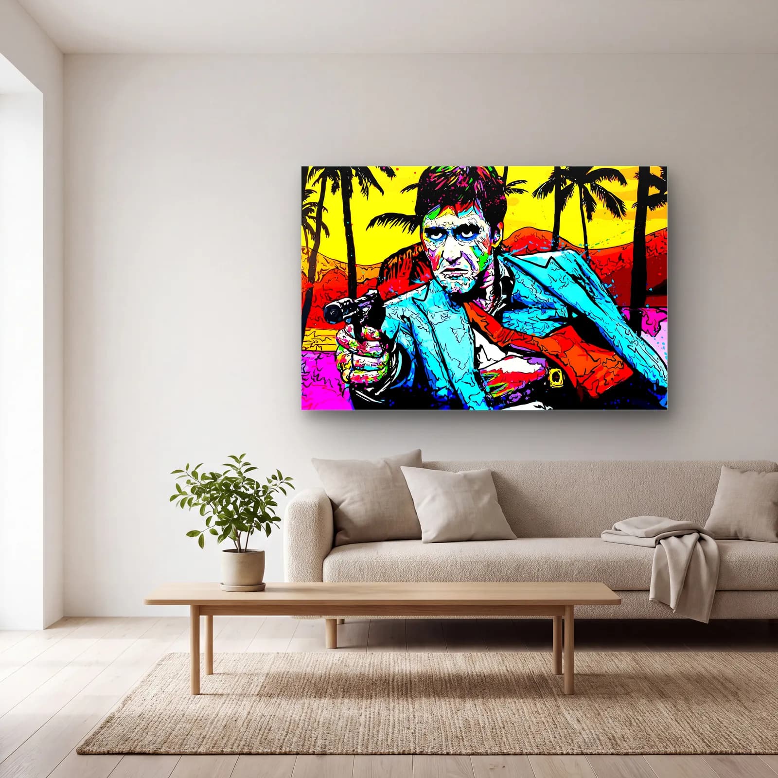 Scarface Tony Montana Pop Art cam tablo — açık renk salonda