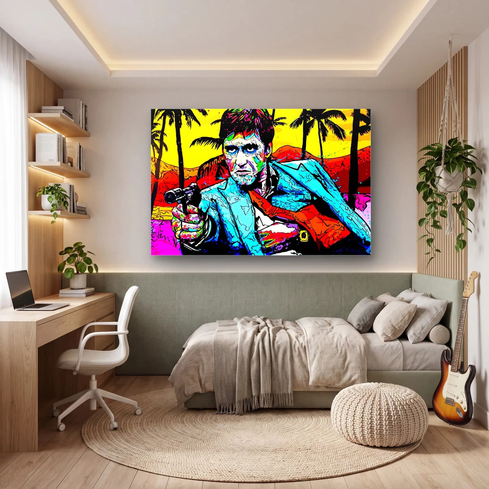 Scarface Tony Montana Pop Art cam tablo — genç odasında