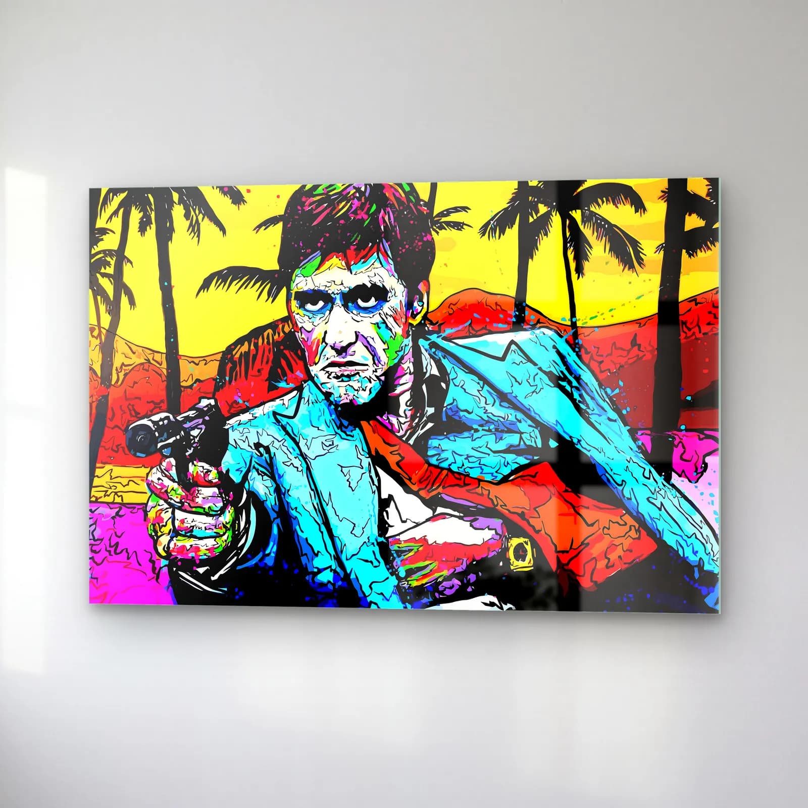 Scarface Tony Montana Pop Art cam tablo — sağ açıdan görünüm