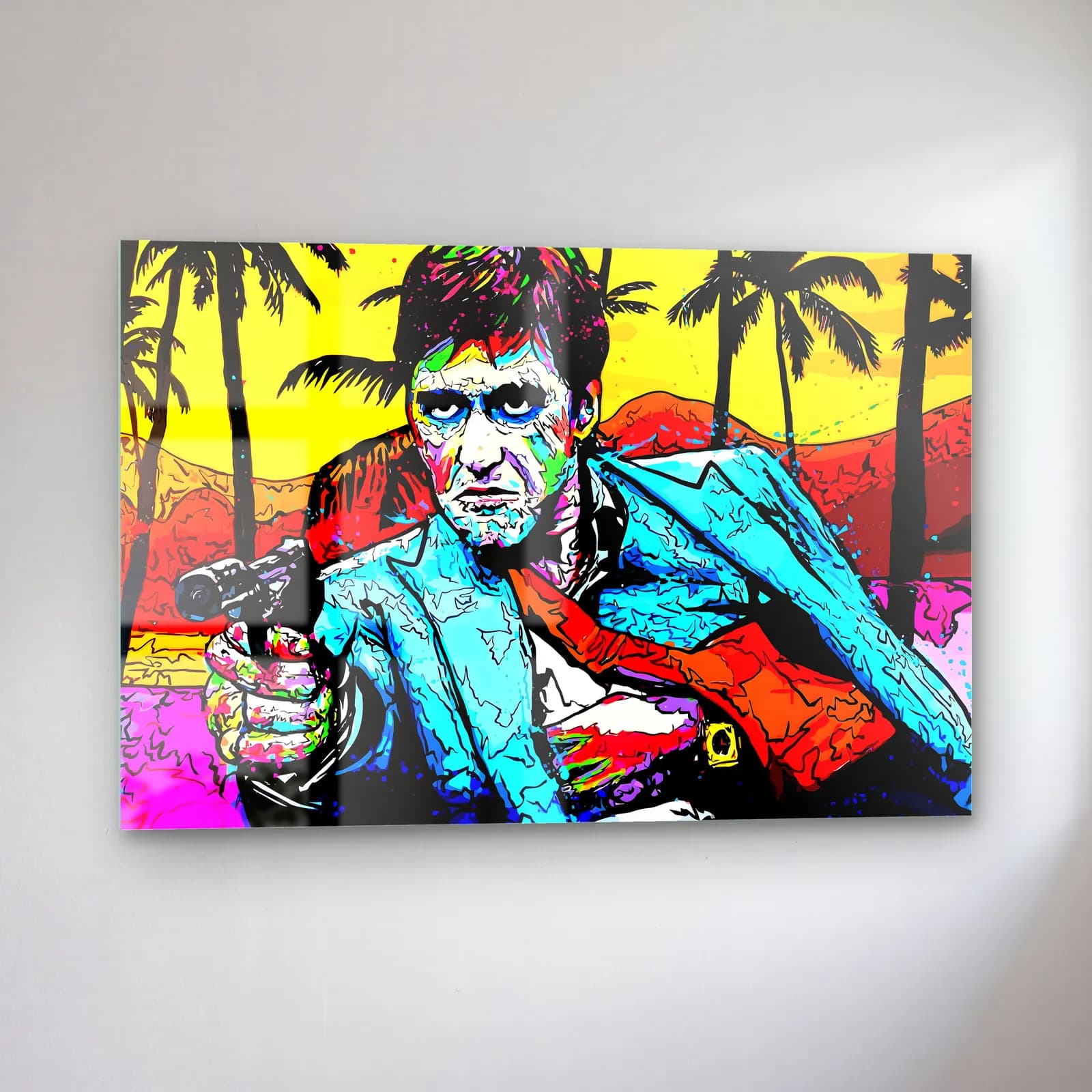 Scarface Tony Montana Pop Art cam tablo — sol açıdan görünüm