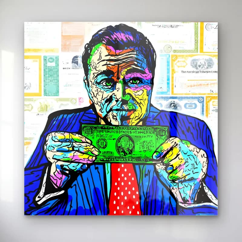 Dolar Tutan Adam Pop Art cam tablo — Mavi takım elbiseli adam iki eliyle yeşil dolar banknotu tutuyor, renkli çizgiler