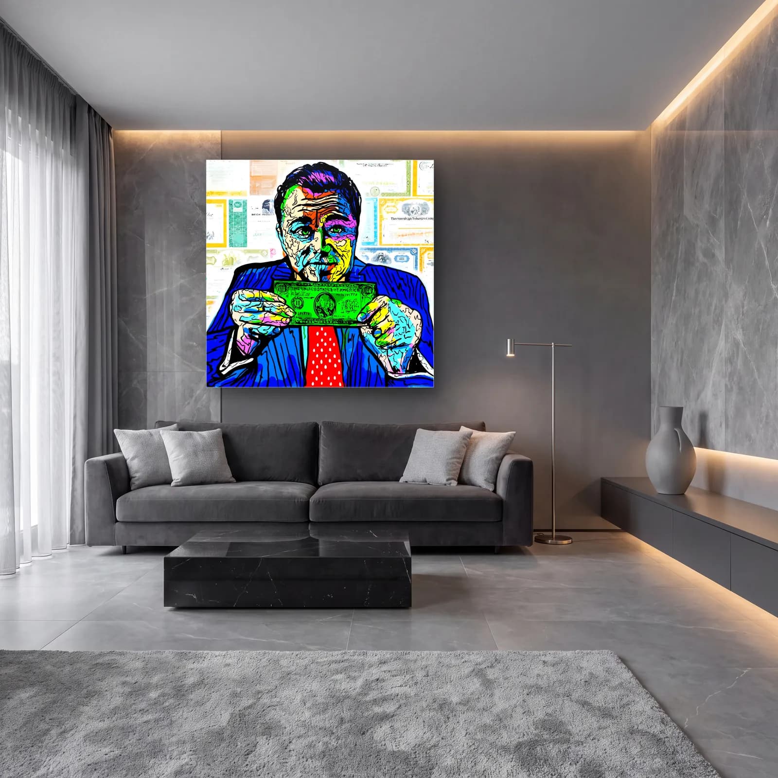 Dolar Tutan Adam Pop Art cam tablo — lüks salon duvarında