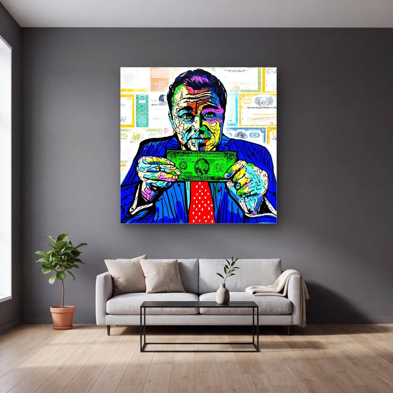 Dolar Tutan Adam Pop Art cam tablo — gri duvarlı salonda