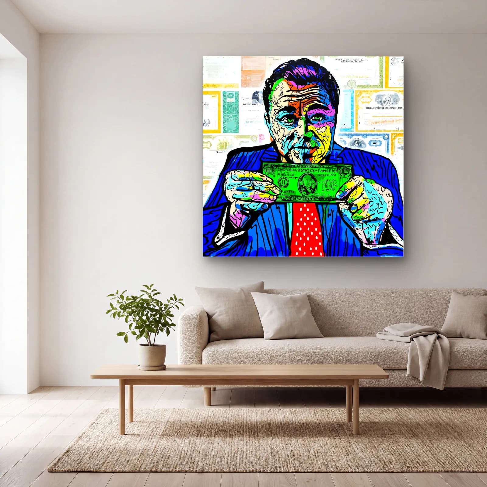 Dolar Tutan Adam Pop Art cam tablo — açık renk salonda