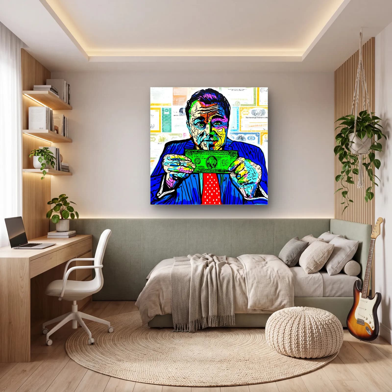 Dolar Tutan Adam Pop Art cam tablo — genç odasında